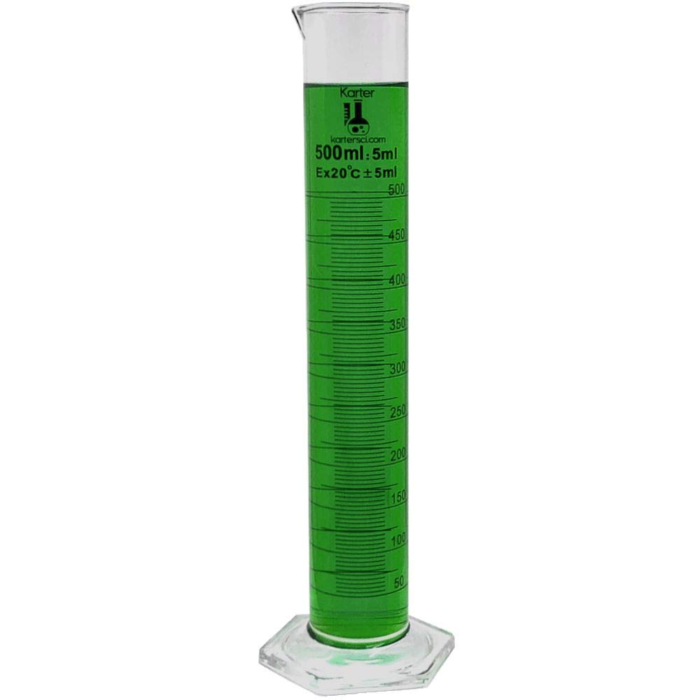 500ml Graduated Cylinder, Borosilicate 3.3 Glass, Single Metric Scale, Karter Scientific 213I7 (Case of 10)