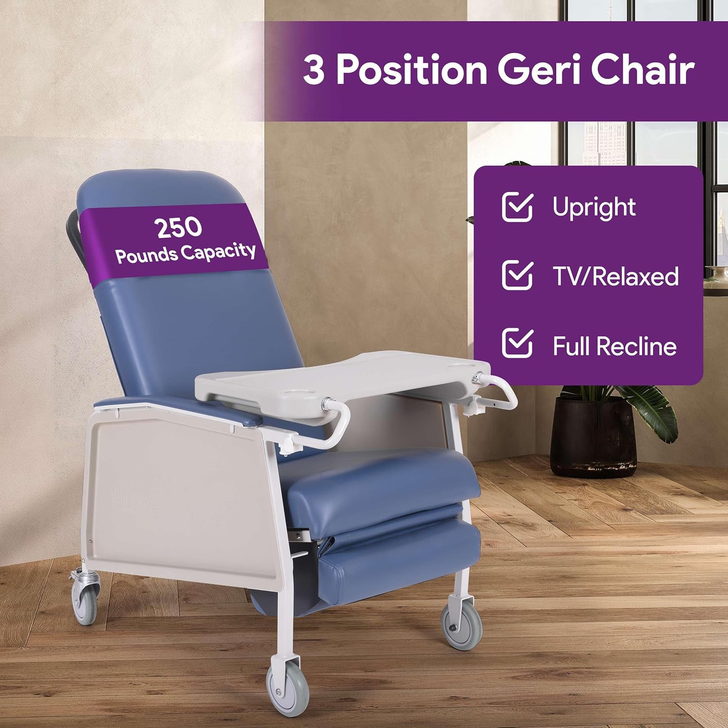 3 Position Geri Chair - Blue Medical Recliner Chairs for Elderly with Meal Tray for Home and Hospital - 250 Pound Weight Capacity - Reclining Medical Chair for TV, Relaxation, Food