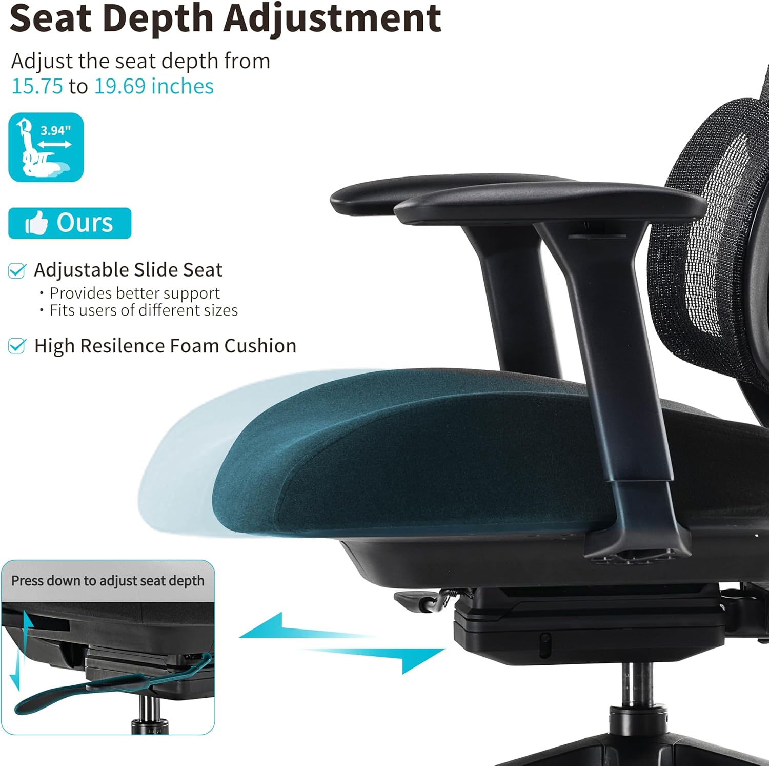 EUREKA ERGONOMIC Office Chair Mesh with Wheels, Ergonomic Chair with Lumbar Support, Home Office Desk Chair with Adjustable Seat Depth, 3D Armrest & Headrest, Black
