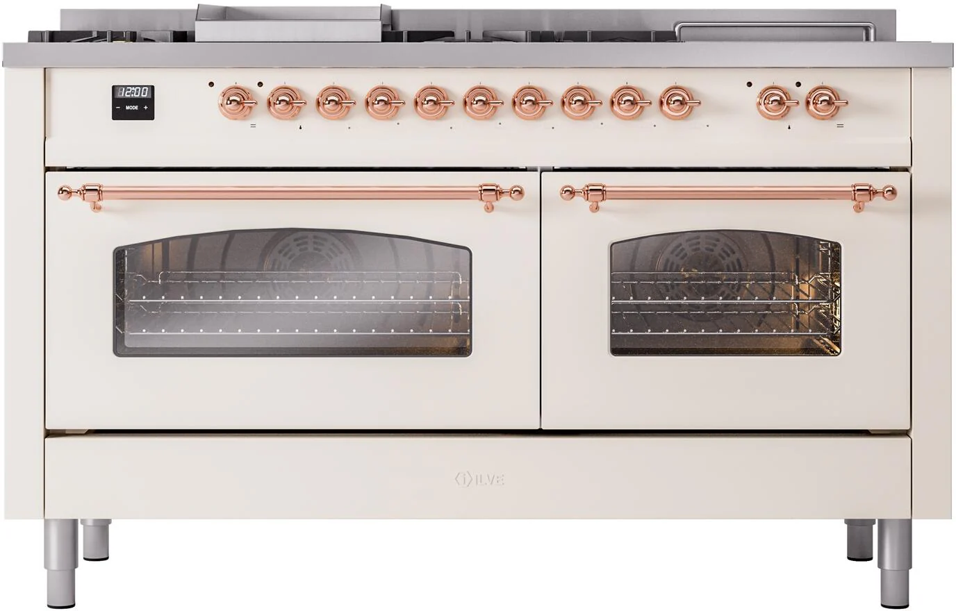 ILVE Nostalgie II 60-Inch Dual Fuel Range with 7 Burners, Griddle, & French Top with Triple Glass Door Oven in Antique White with Copper Trim (UP60FSNMPAWP)