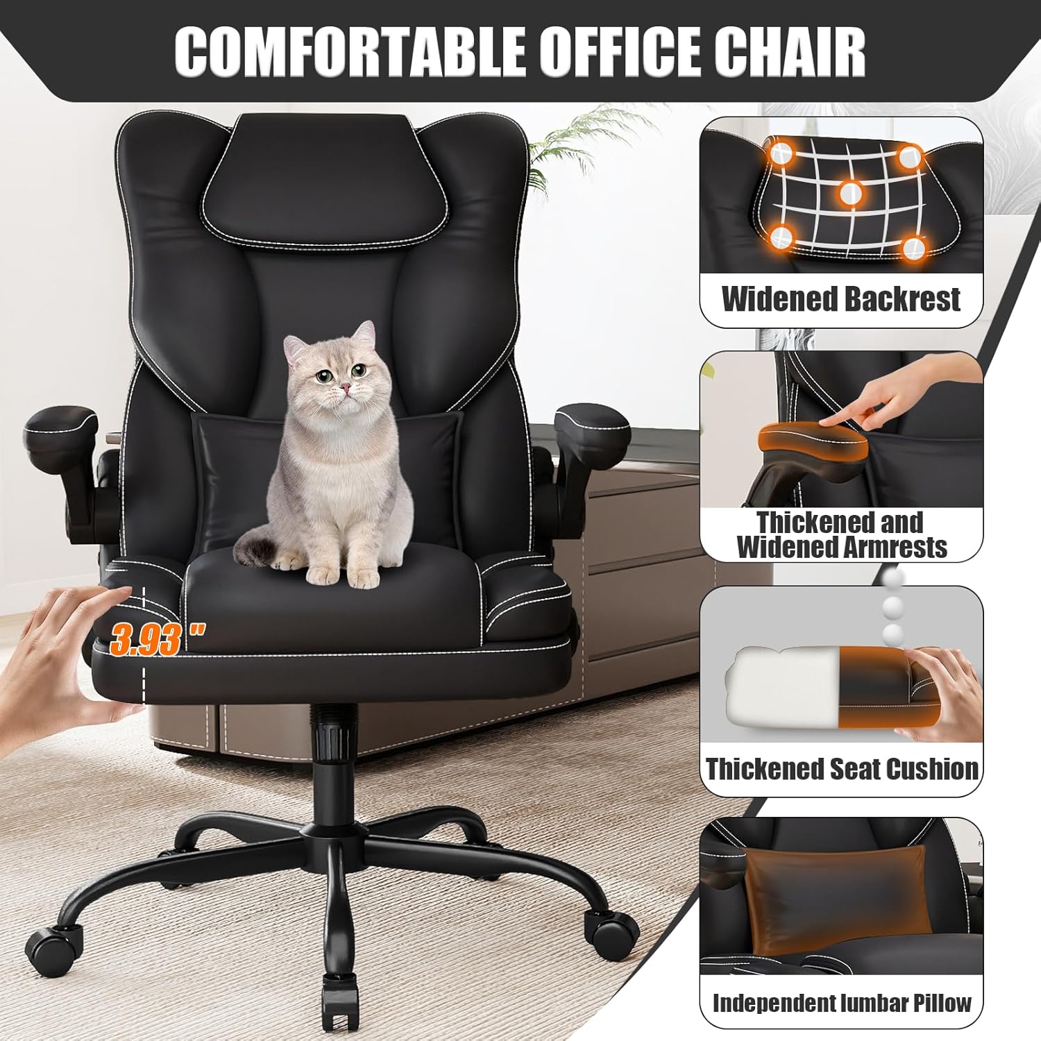 Ergonomic Office Chair with Flip-up Armrests 300lbs,Middle-Tall Computer Office Desk Chair with Lumbar Support,Executive Leather Chair with Rocking Function Adjustable Height for Home Office