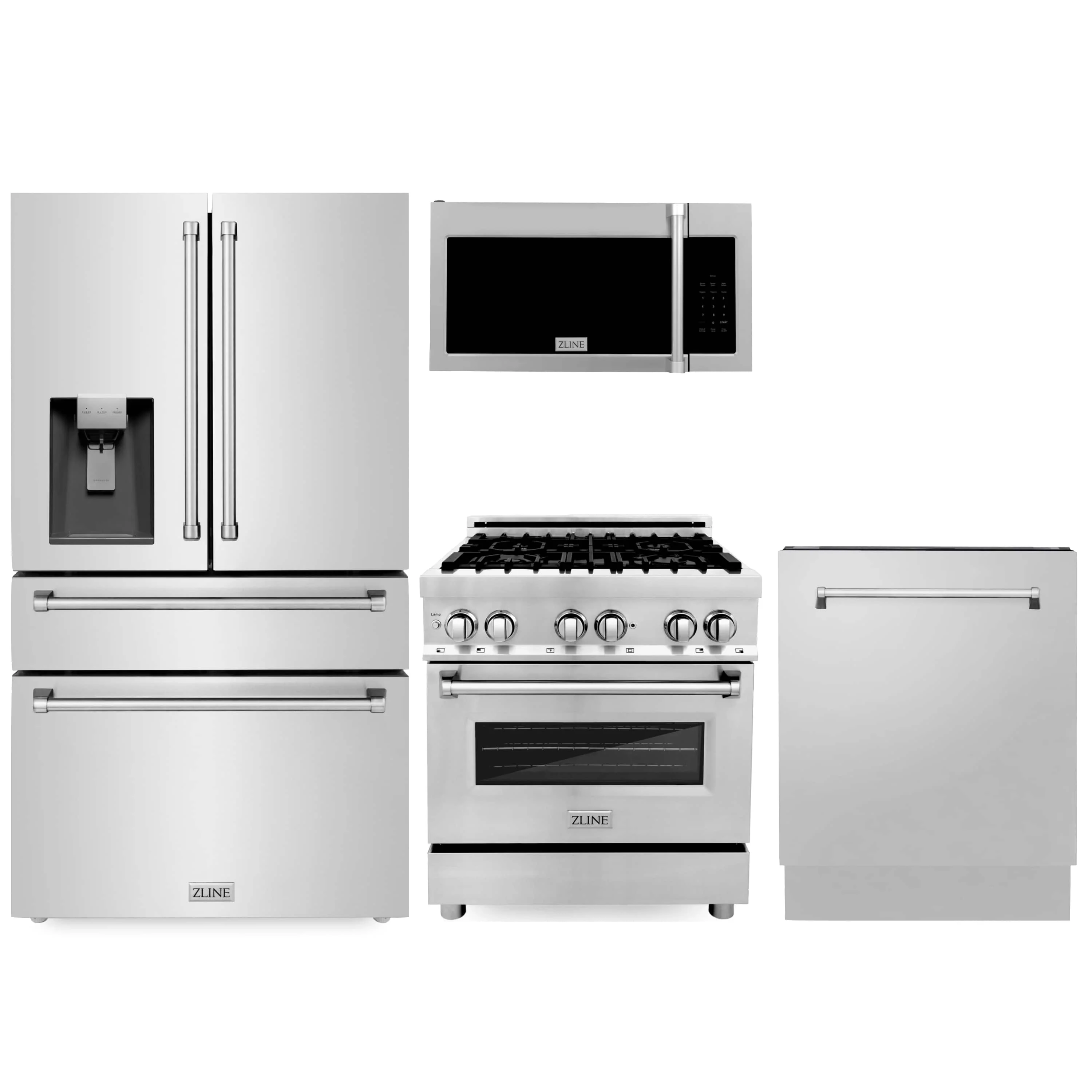 ZLINE 4-Piece Appliance Package - 30-Inch Dual Fuel Range, Refrigerator with Water Dispenser, Tall Tub Dishwasher, & Over-the-Range Microwave in Stainless Steel (4KPRW-RAOTRH30-DWV)