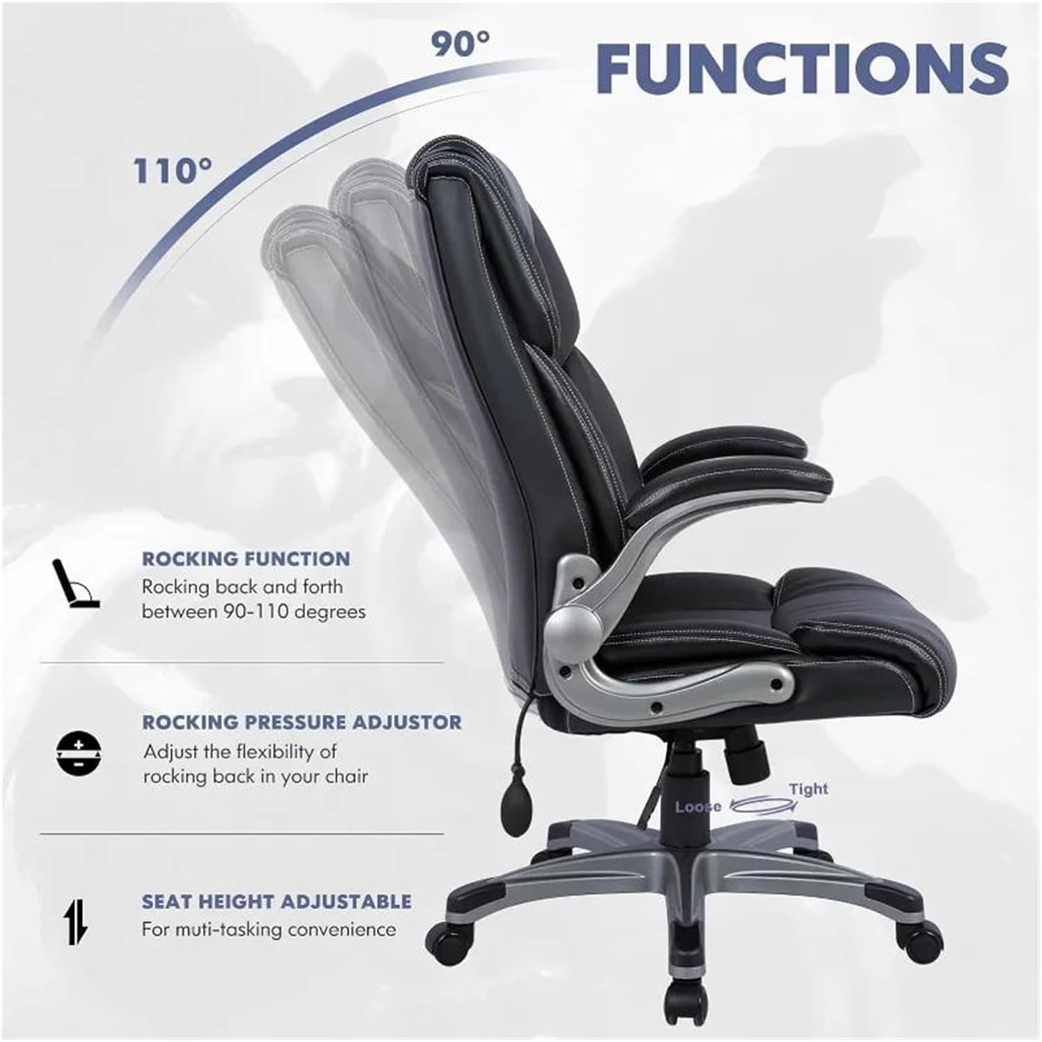 Managerial Chairs, High Back Executive Office Chair- Ergonomic Home Computer Desk Leather Chair with Padded Flip-Up Arms, Adjustable Tilt Lock Luoy-02527Lumbar Support-Black