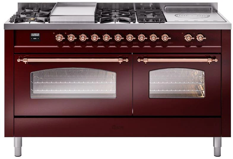 ILVE Nostalgie II 60-Inch Dual Fuel Range with 7 Burners, Griddle, & French Top with Triple Glass Door Oven in Burgundy with Copper Trim (UP60FSNMPBUP)