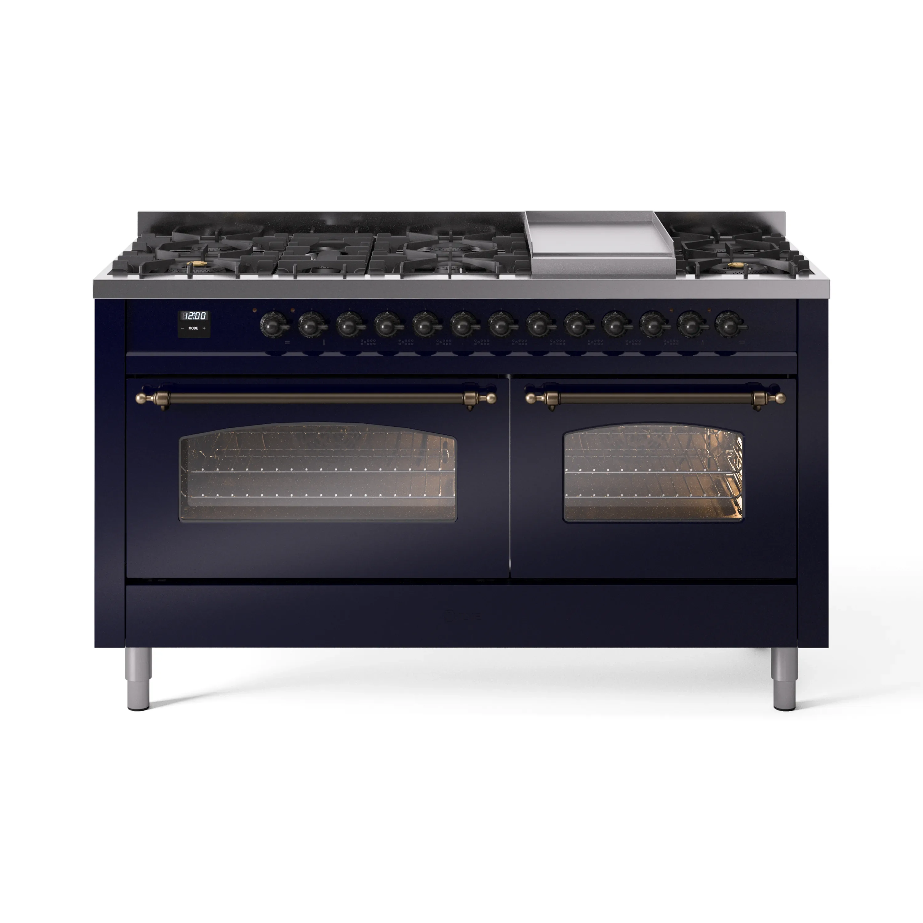 ILVE 60-Inch Nostalgie II Dual Fuel Range with 9 Burners, Griddle and Triple Glass Door Oven in Midnight Blue with Bronze Trim (UP60FNMPMBB)
