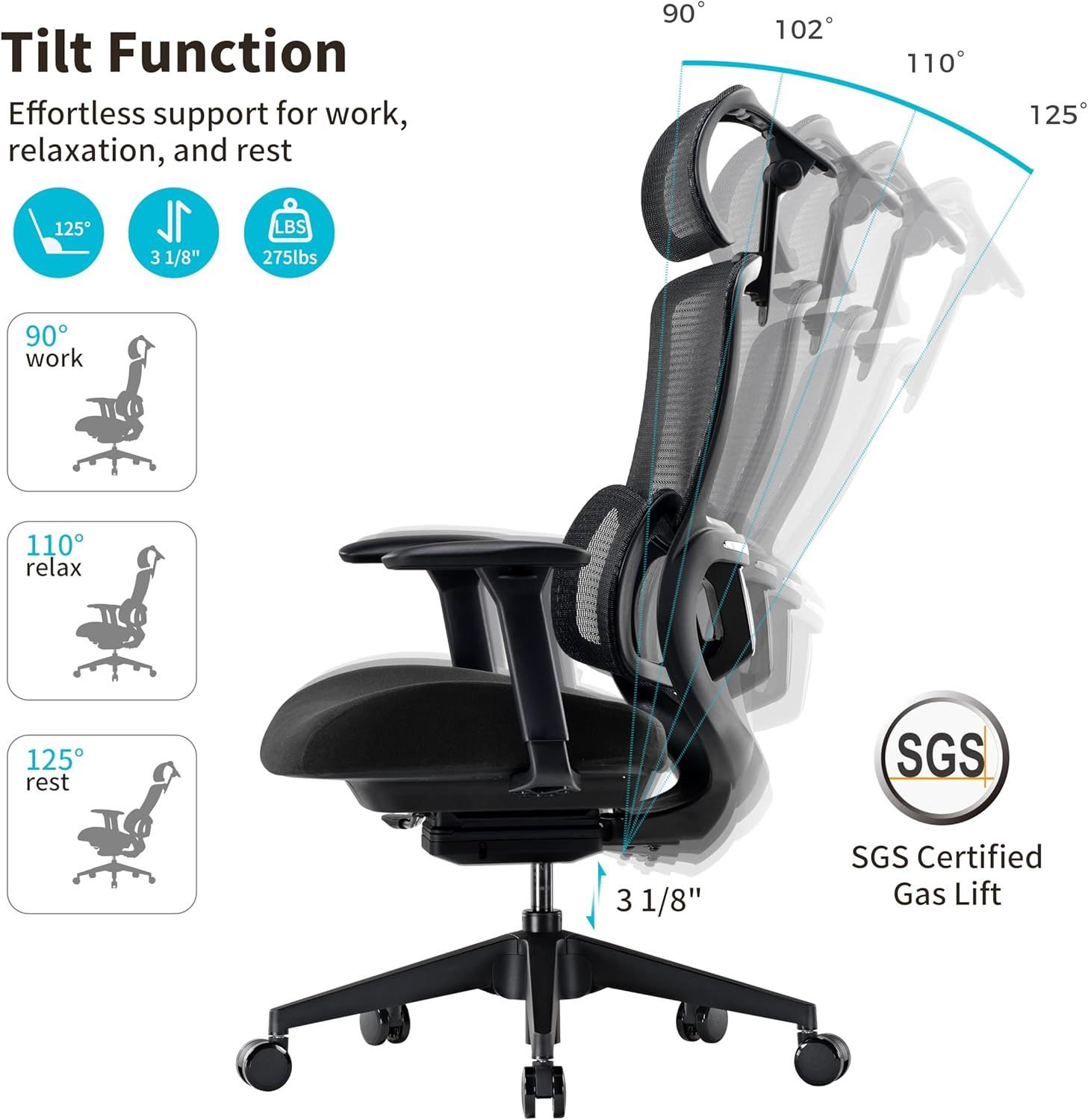 EUREKA ERGONOMIC Office Chair Mesh with Wheels, Ergonomic Chair with Lumbar Support, Home Office Desk Chair with Adjustable Seat Depth, 3D Armrest & Headrest, Black