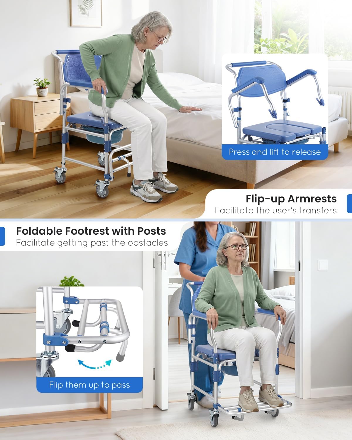 Bedside Commode Wheelchair with Drop Arms & Lockable Casters, Waterproof Aluminum Shower Chair, Anti-Tilt Foldable Footrest, Sponge Padded Seat, 330lbs Weight Capacity, 3 in 1 Bedside Commode Chair