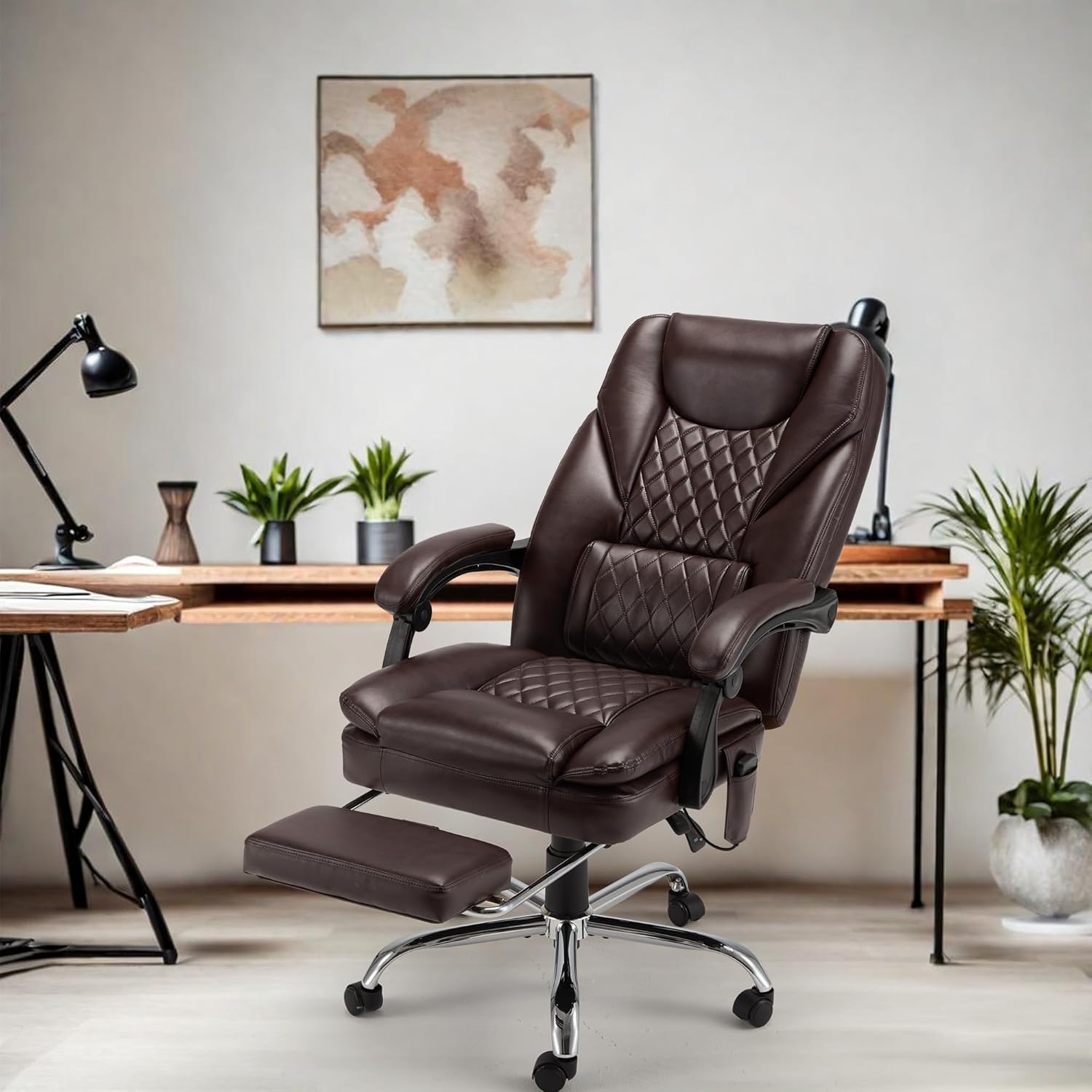 HOMREST 6-Point Massage Office Chair with Heat, 500lbs Big and Tall Executive Chair, Ergonomic Reclining Desk Chair with Footrest & Lumbar Support, Adjustable Armrest, PU Leather (Brown)