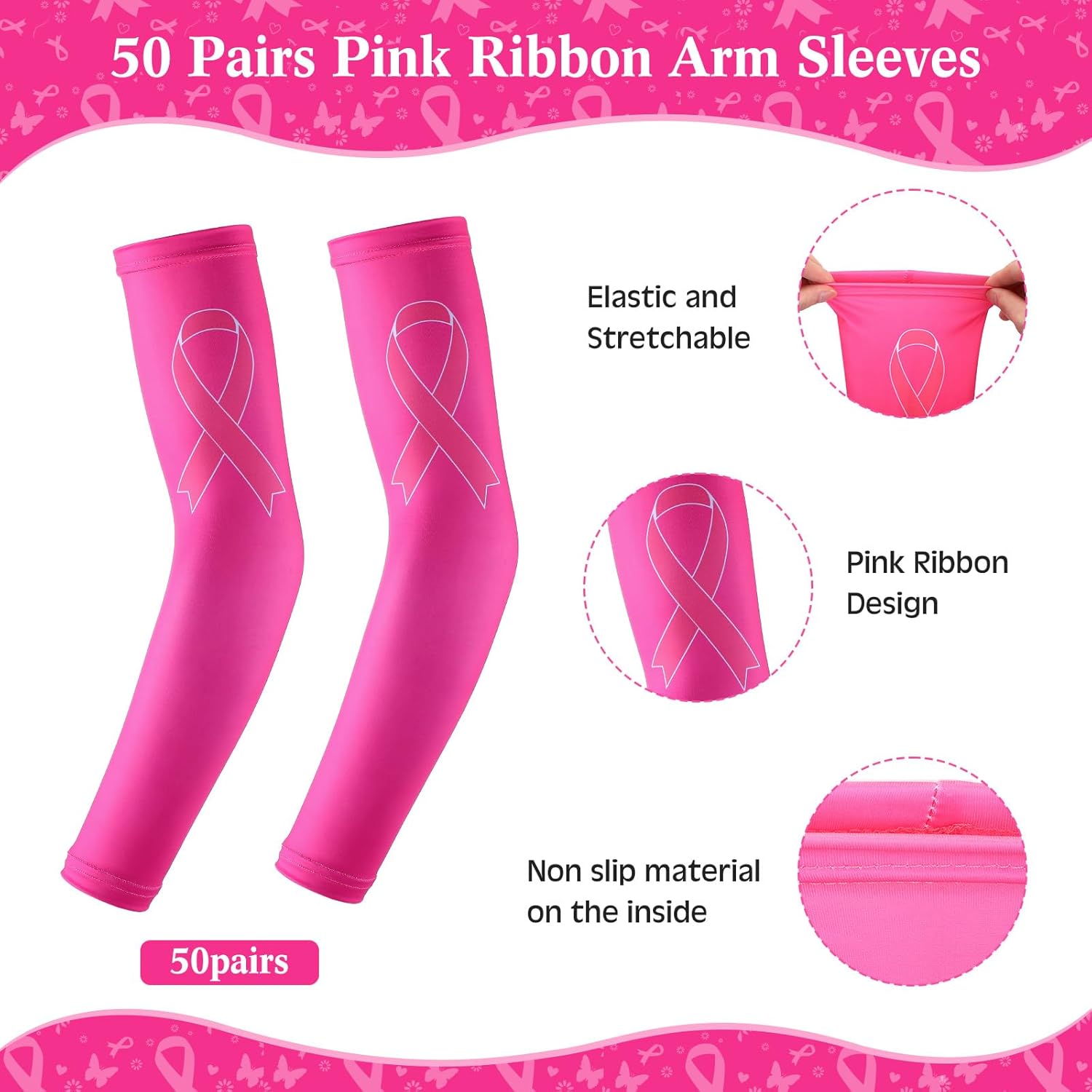Zhehao 50 Pair Breast Cancer Awareness Sleeves Pink Ribbon Arm Sleeves Compression Arm Sleeve for Women Sports Accessory