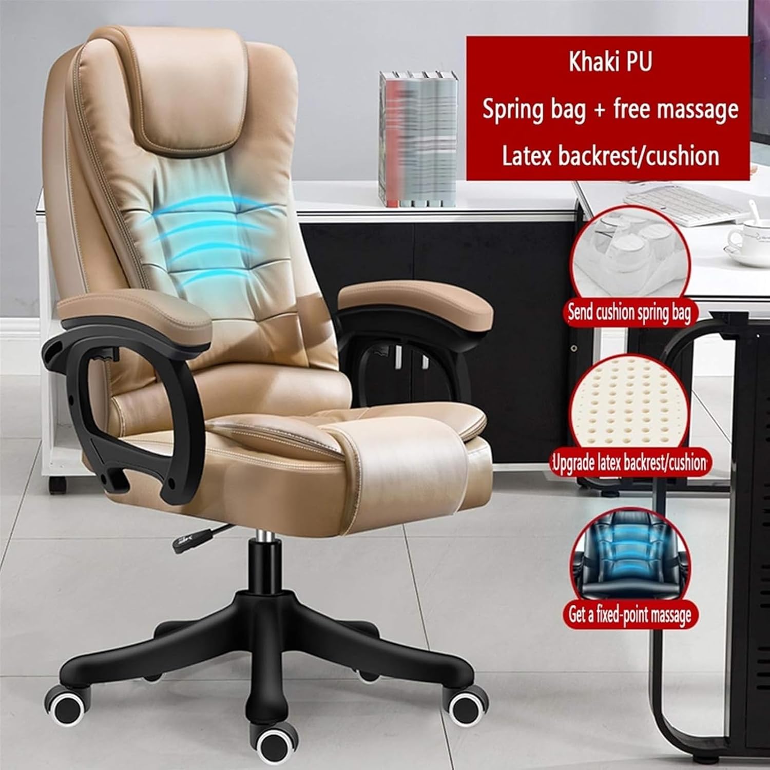 Executive Office Chair Executive Computer Desk Chair Bonded Leather Latex Pad, Lumbar Support Padded Armrest Ergonomic Task Managerial Chair for Office, Gaming Unisex (Khaki