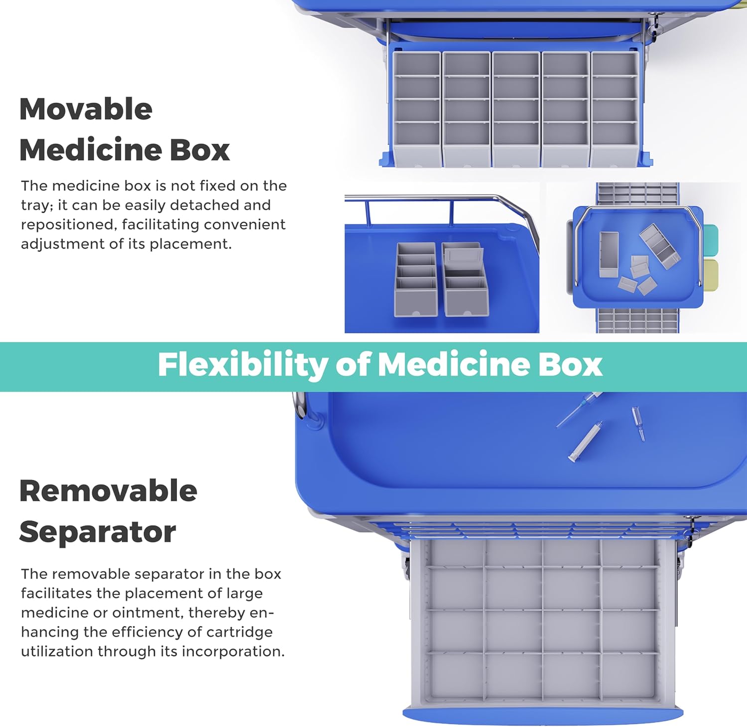 Medication Bins Cart with 200 Bins and Drawer - Dual-Sided Open, 50 Medicine Boxes, Silent Casters, Movable Container, 2 Trash Bin-Medical Crash Cart for Clinic, Hospital and Lab, Factory