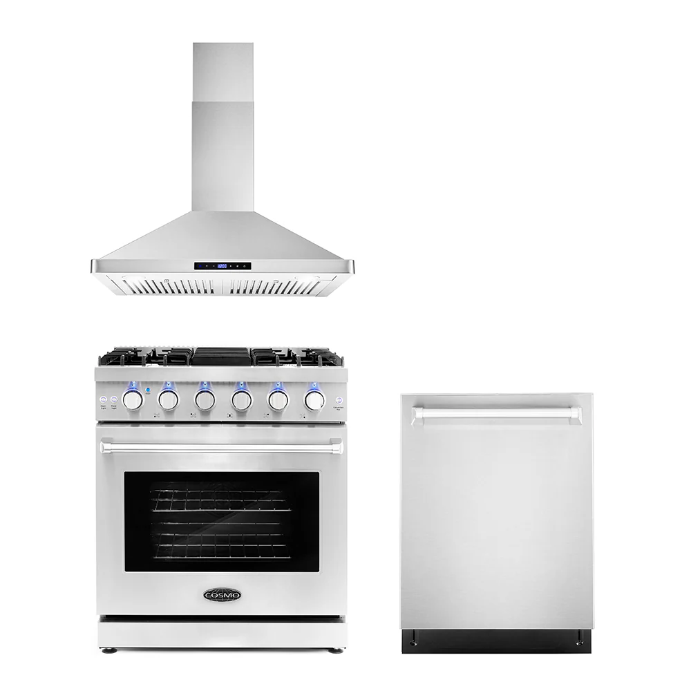 Cosmo 3 - Piece Appliance Package - 30-Inch Gas Range, 30-Inch Wall Mount Range Hood and 24-Inch Dishwasher (COS-3PKG-020)