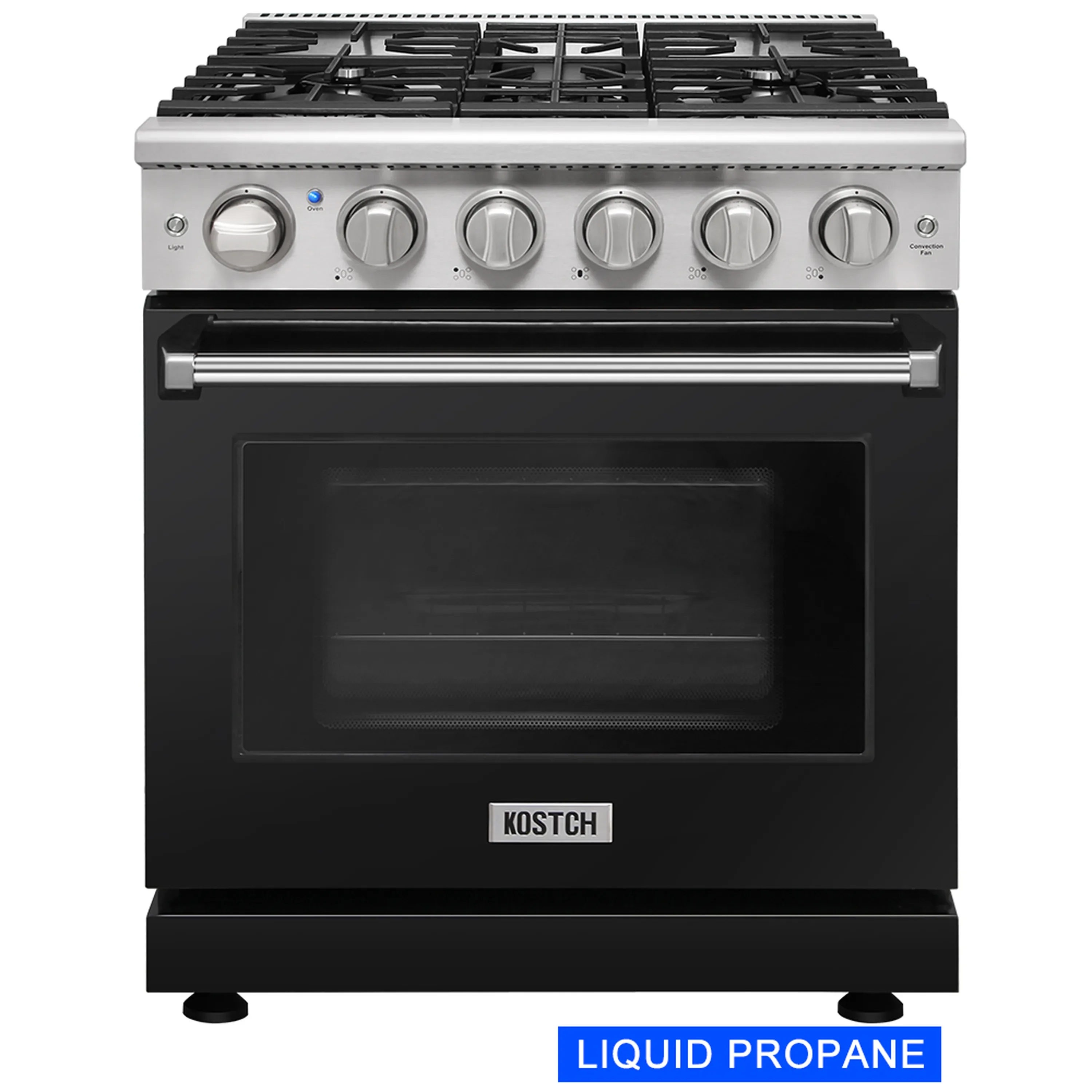 Kostch 30-Inch Propane Gas Range with 5 Burners & 4.55 Cu. Ft. Convection Oven in Black (KOS-30RG03MLP-B)