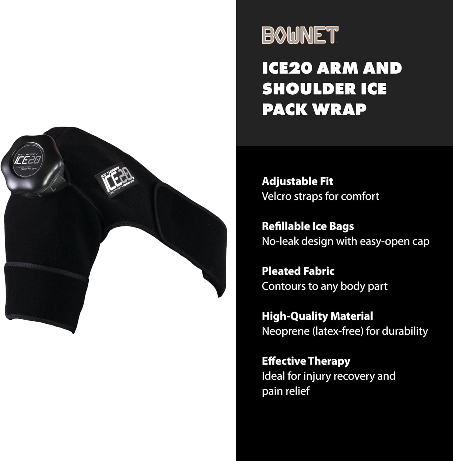 Bownet ICE20 Arm and Shoulder Ice Pack Wrap - Refillable and Removable ICE20 Bags - Shoulder Ice Therapy Wrap - Effective Therapy for Injuries and Pain Relief (Black, Single)