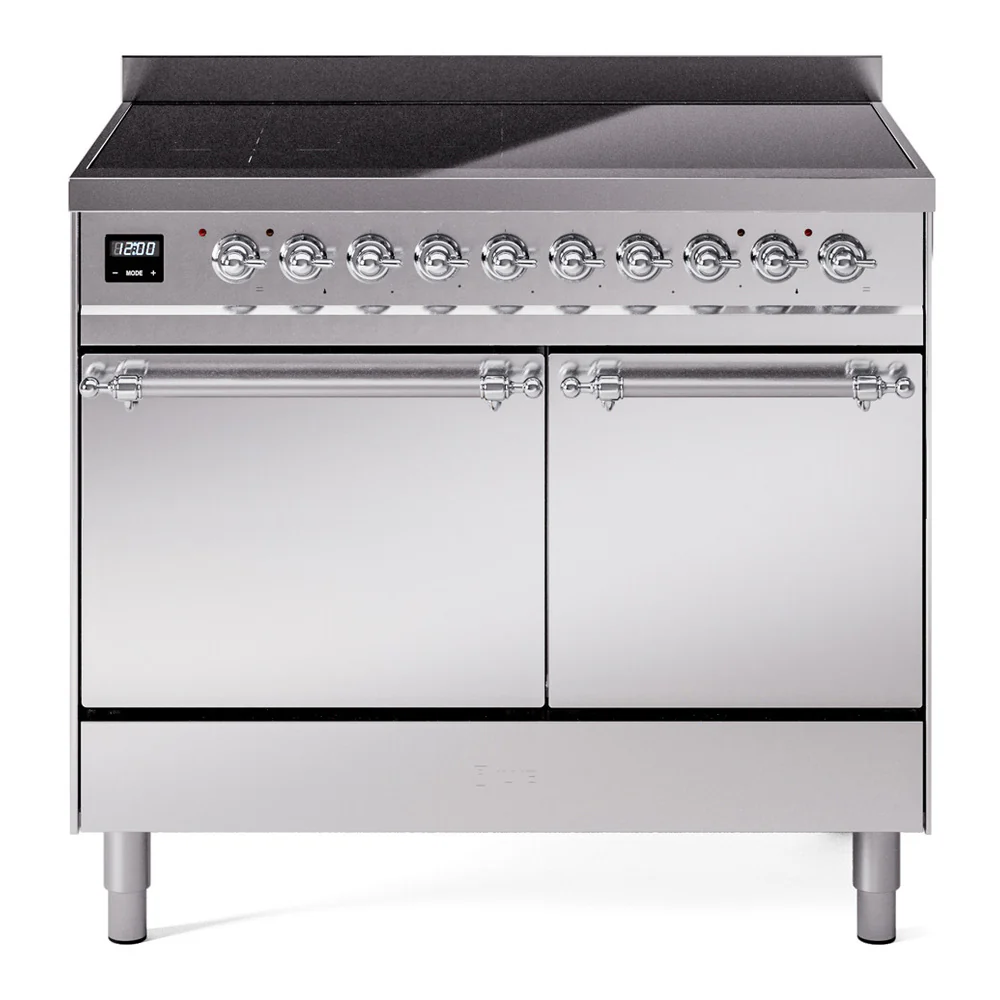 ILVE 40-Inch Nostalgie II Induction Range with Solid Door Oven in Stainless Steel with Chrome Trim (UPDI406QNMPSSC)