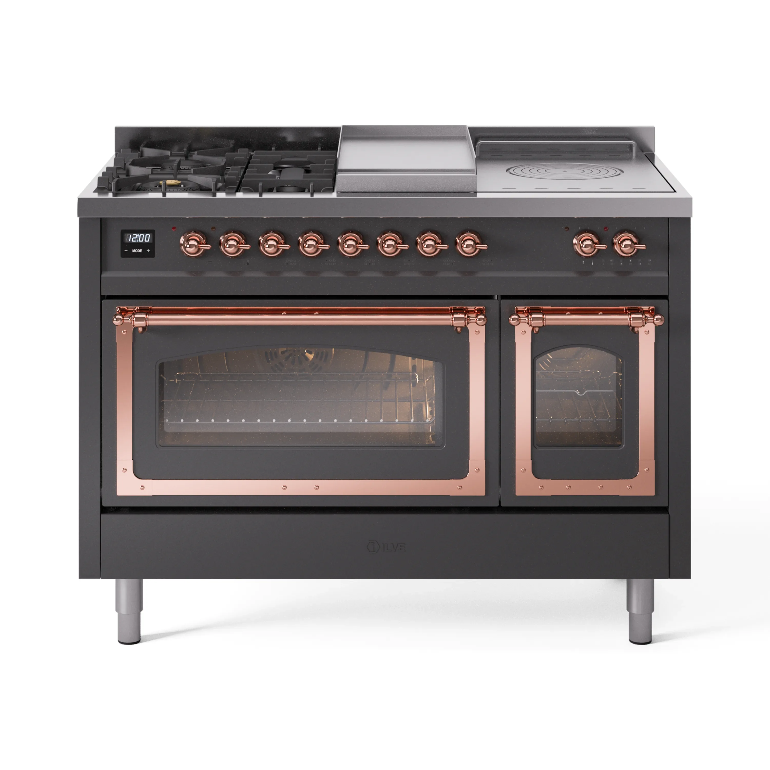 ILVE 48-Inch Nostalgie II Noblesse Dual Fuel Range with 5 Sealed Burners, Griddle, French Top and Triple Glass Door Oven in Matte Graphite with Copper Trim (UN48FSNMPMGP)