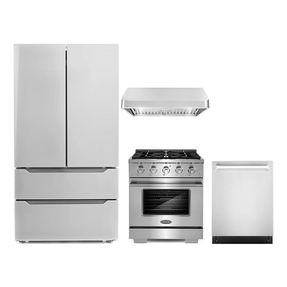 Cosmo 4-Piece Appliance Package - 30-Inch Gas Range, Under Cabinet &nbsp;Range Hood, Dishwasher, and Refrigerator in Stainless Steel (COS-4PKG-047)