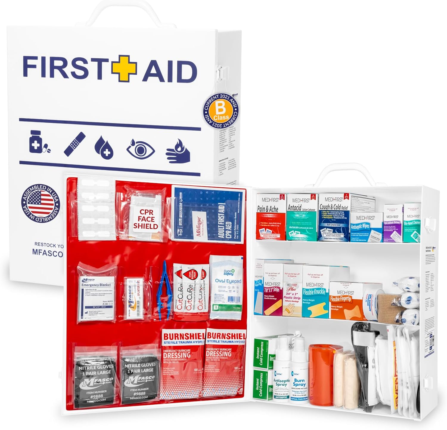 MFASCO 2021 ANSI/OSHA Compliant First Aid Kit - Large, Wall Mountable - with Medications - ANSI Standard 2021 First Aid Kits, Class B Fill, Commercial 3-Shelf Metal Cabinet for Businesses