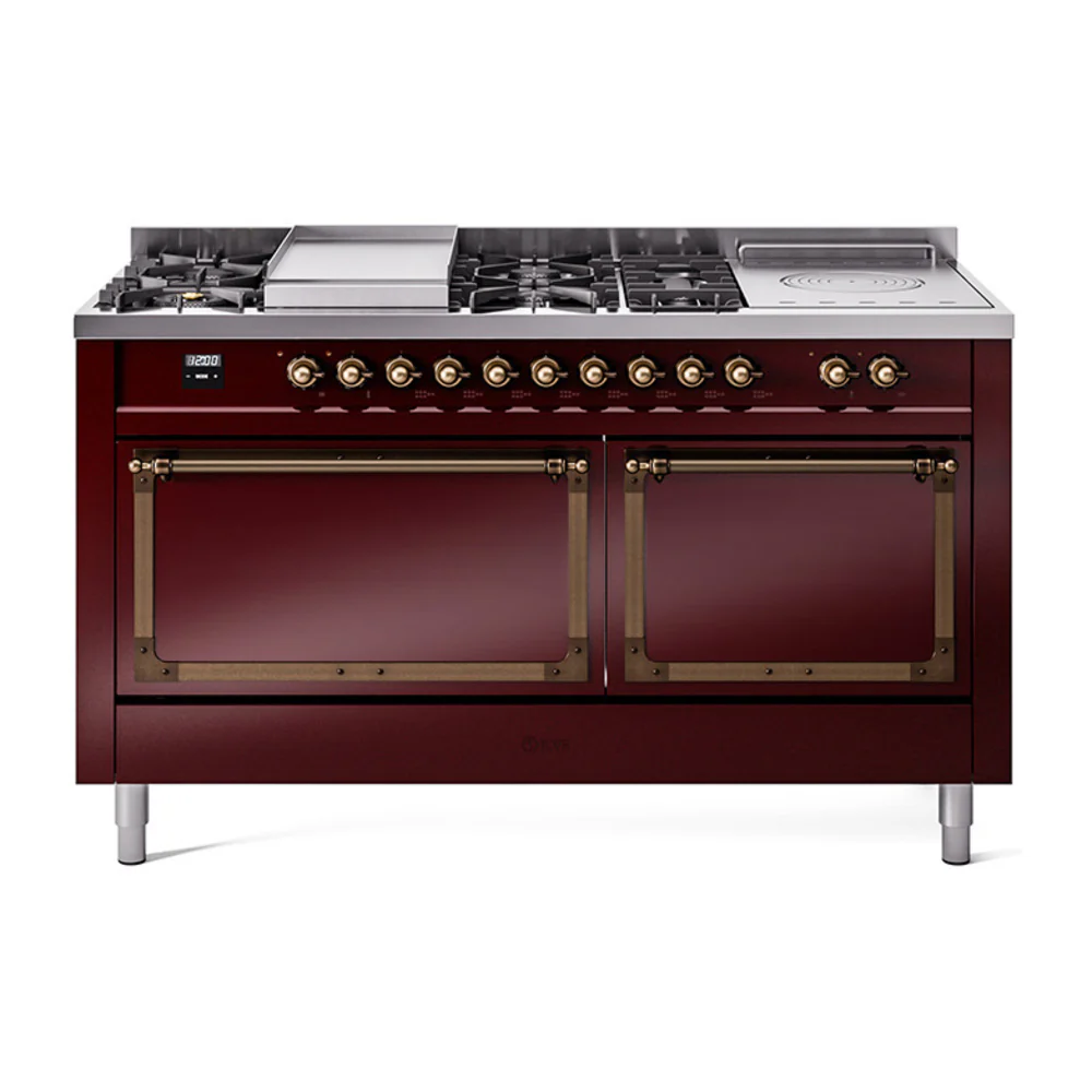ILVE 60-Inch Nostalgie II Noblesse Dual Fuel Range with 7 Sealed Burners, Gridlde, French Top, and Solid Door Oven in Burgundy with Bronze Trim (UN60FSQNMPBUB)