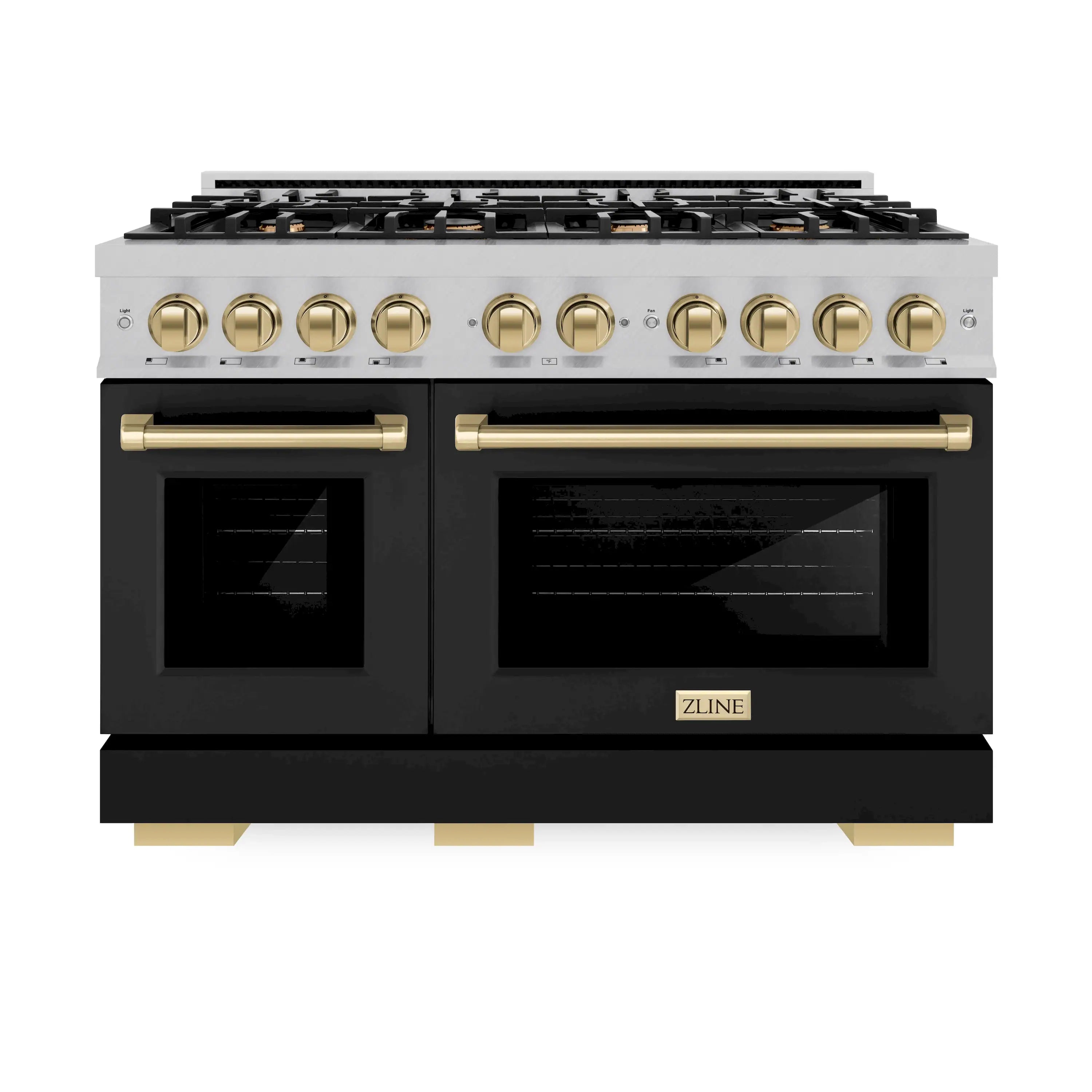 ZLINE Autograph Edition 48-Inch Select Series Gas Range with 8 Gas Burner Cooktop and 6.7 Cu. Ft. Gas Convection Oven in Satin Stainless Steel with Black Matte Doors and Champagne Bronze Accents (HGRSZ-BLM-48-CB)