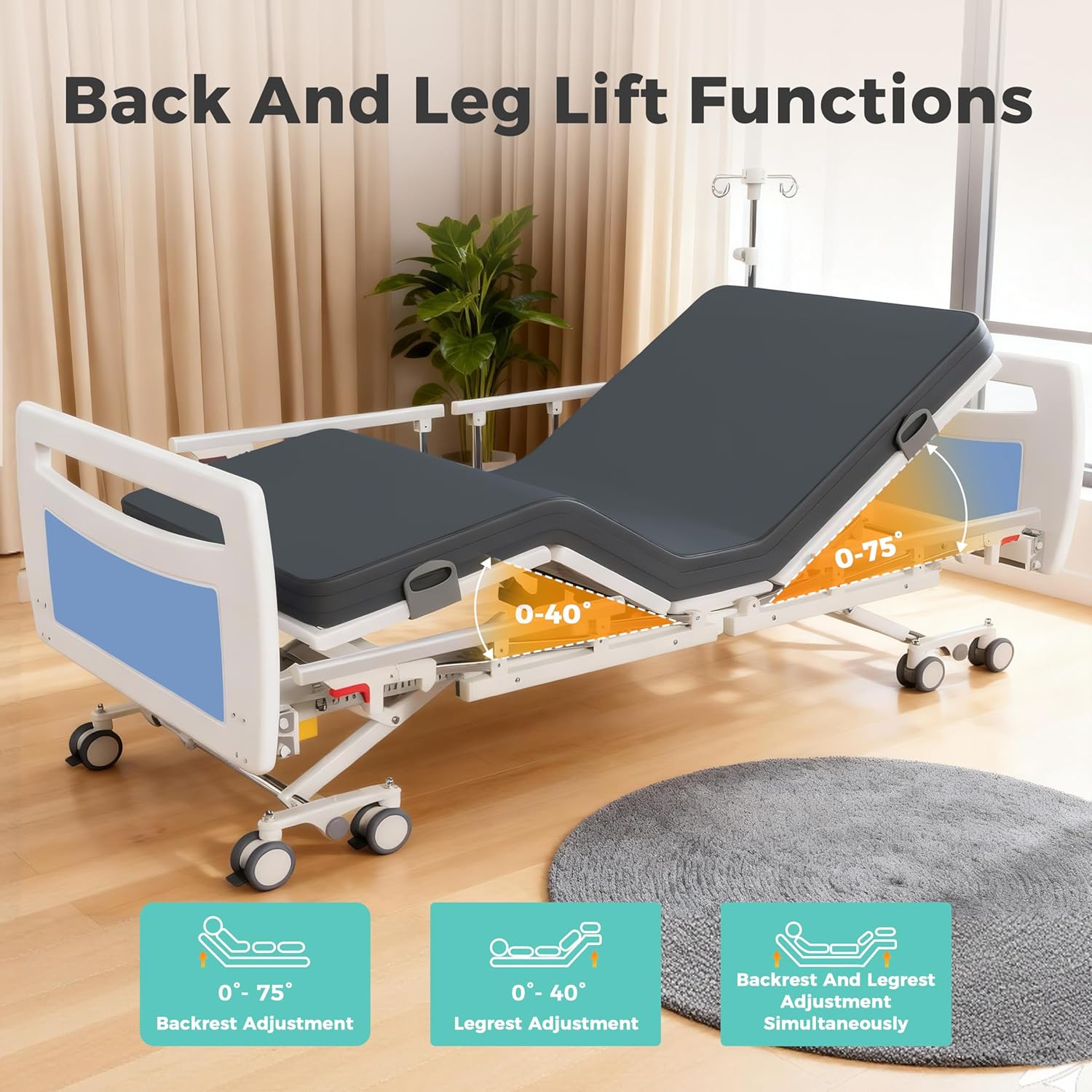 Premium Ultra Low 5 Functions Full Electric Hospital Bed,Adjustable Height ICU Medical Bed for Home Use with Advanced Germany Motor,Waterproof Mattress,Locking Casters,IV Pole,550LBS Loading