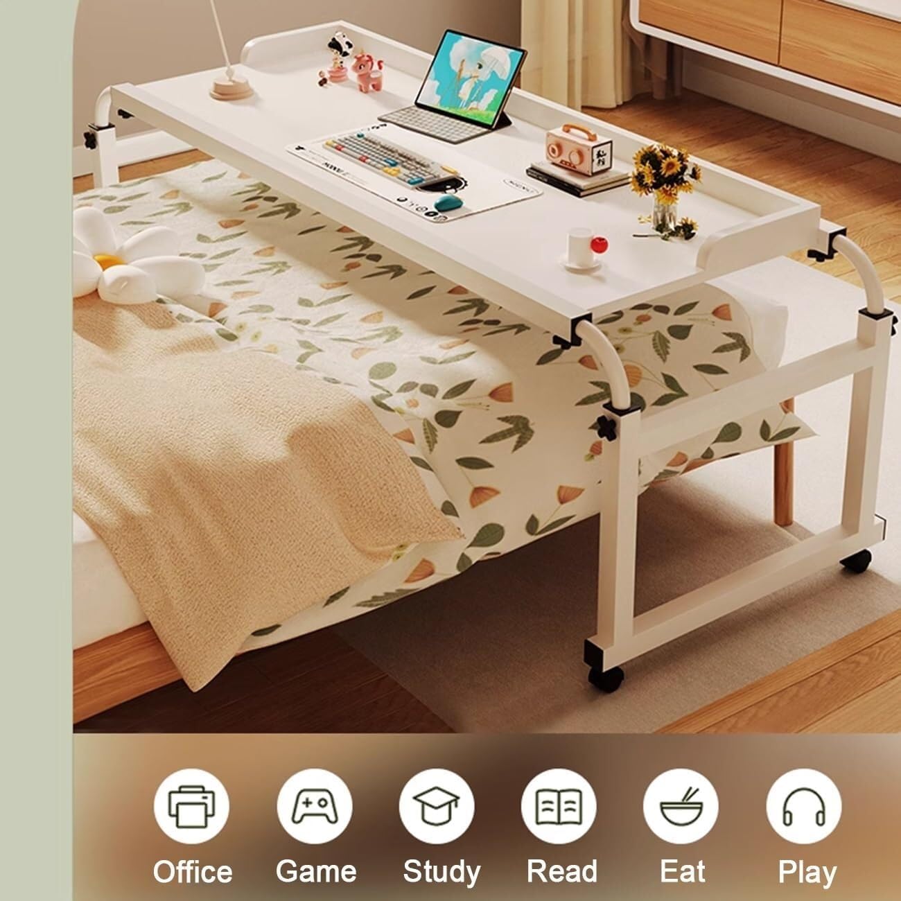 Overbed Table with Wheels, Rolling Laptop Table Over Bed Desk, Standing Workstation Laptop Cart, Home Office Hospital Workstation Table