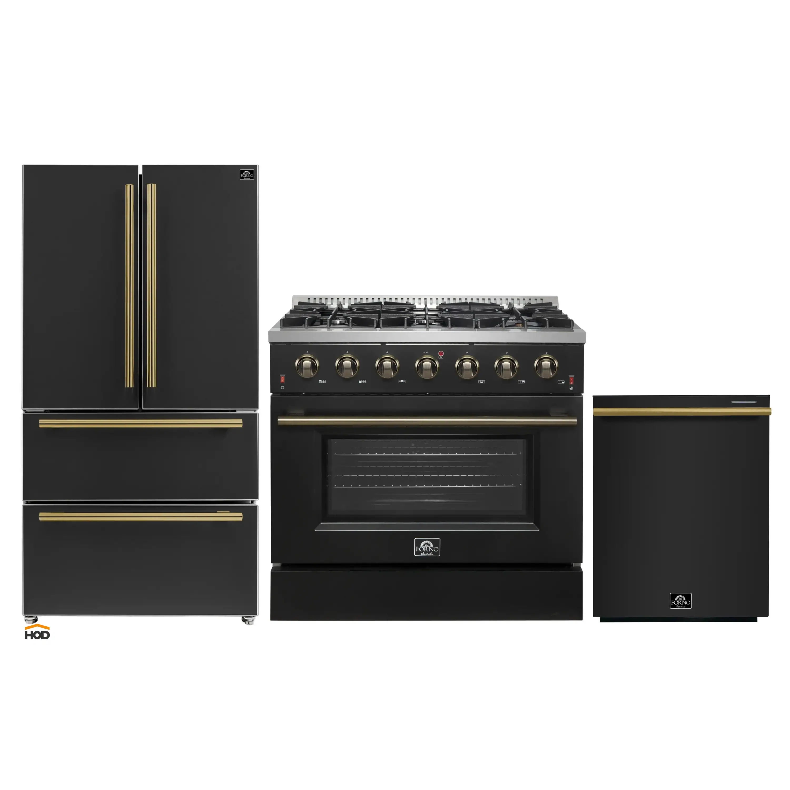 Forno Galiano 3-Piece Appliance Package - 36-Inch Gas Range, 36-Inch Refrigerator, & 24-Inch Dishwasher in Black with Antique Brass Trim