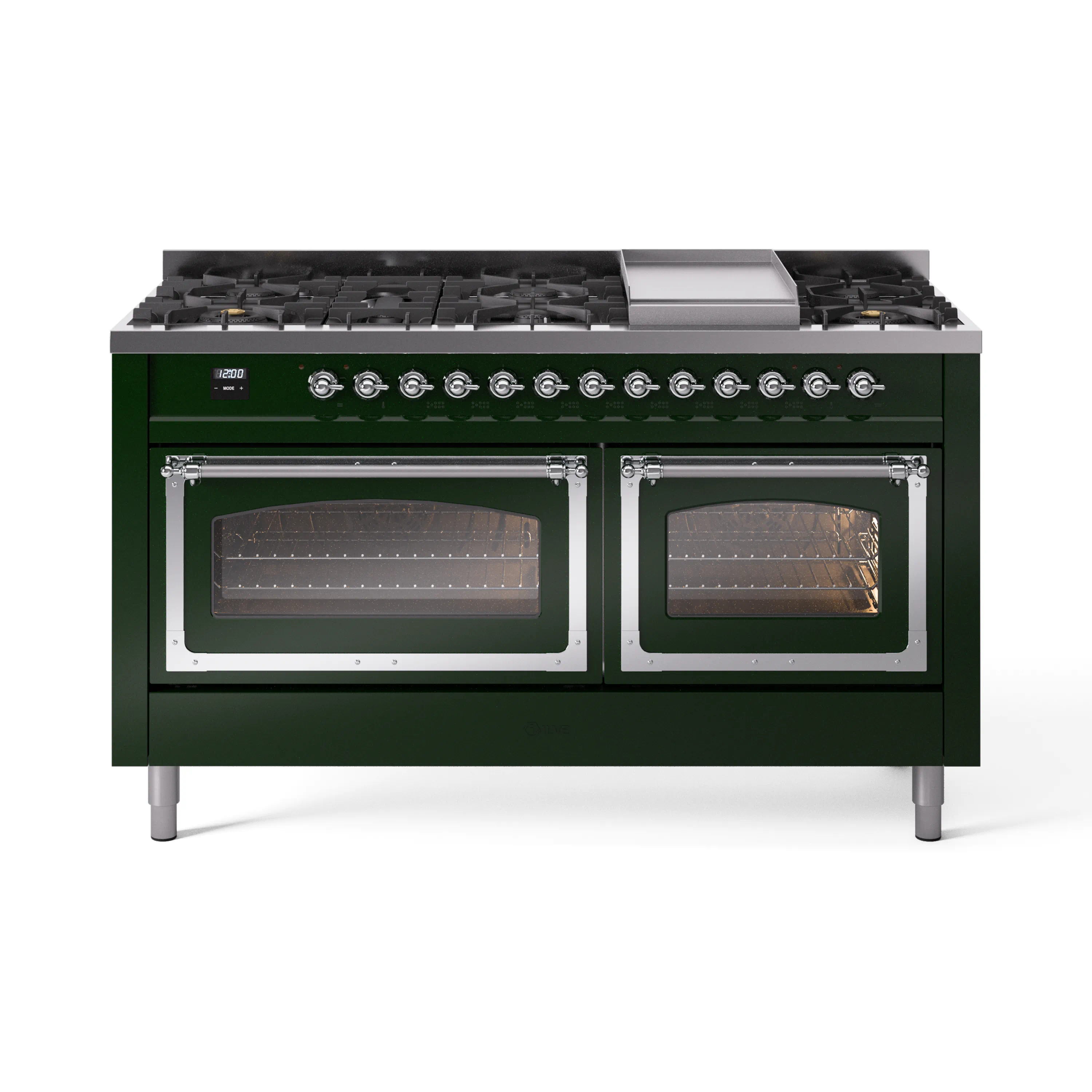 ILVE 60-Inch Nostalgie II Noblesse Dual Fuel Range with 9 Sealed Burners, Griddle, Triple Glass Door Oven in Emerald Green with Chrome Trim (UN60FNMPEGC)