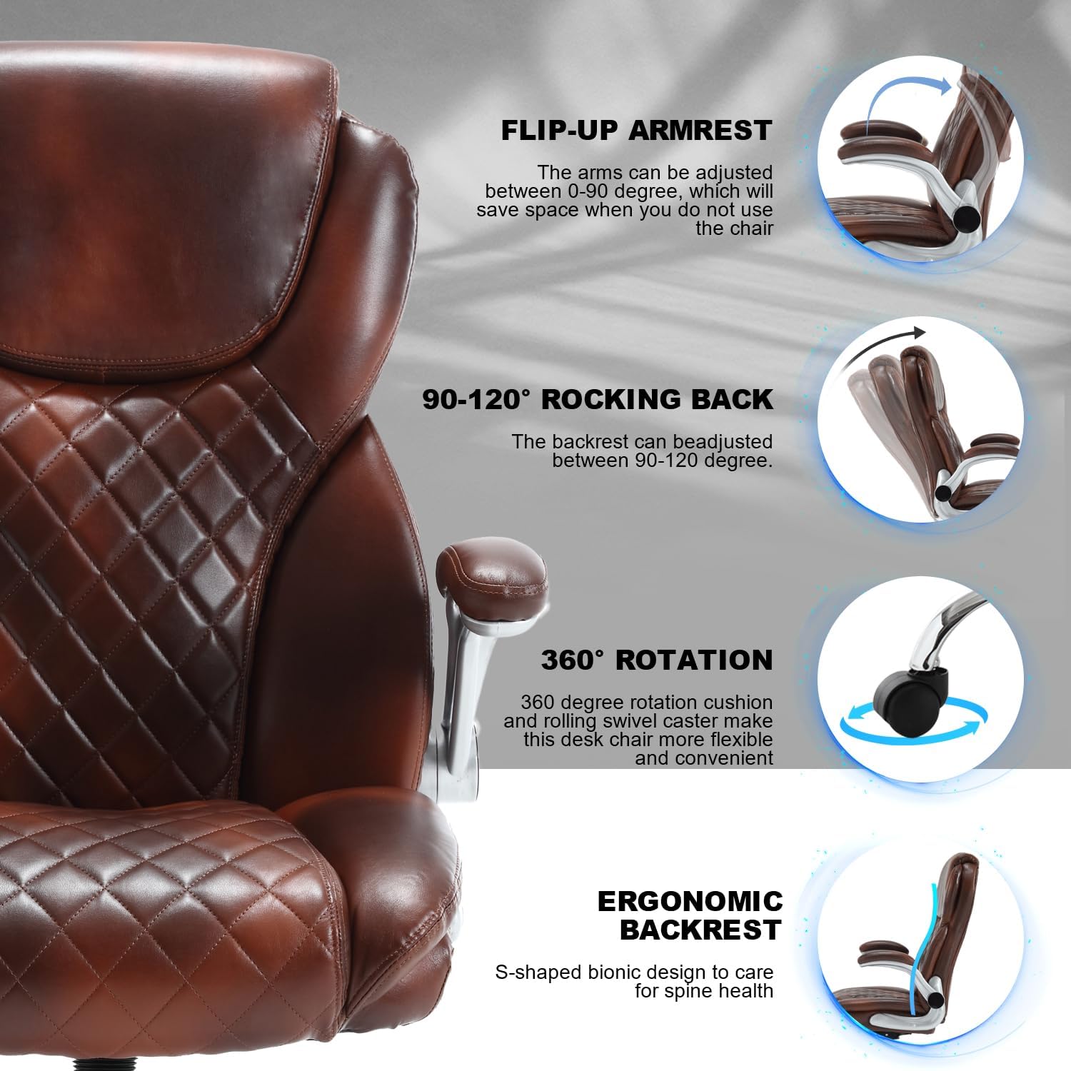 Big and Tall Executive Office Chair Brown, PU Leather High Back Office Desk Chairs with Wheels, Rocking Managerial Ergonomic Big Tall Home Computer Chairs with Flip up Arms and Lumbar Support