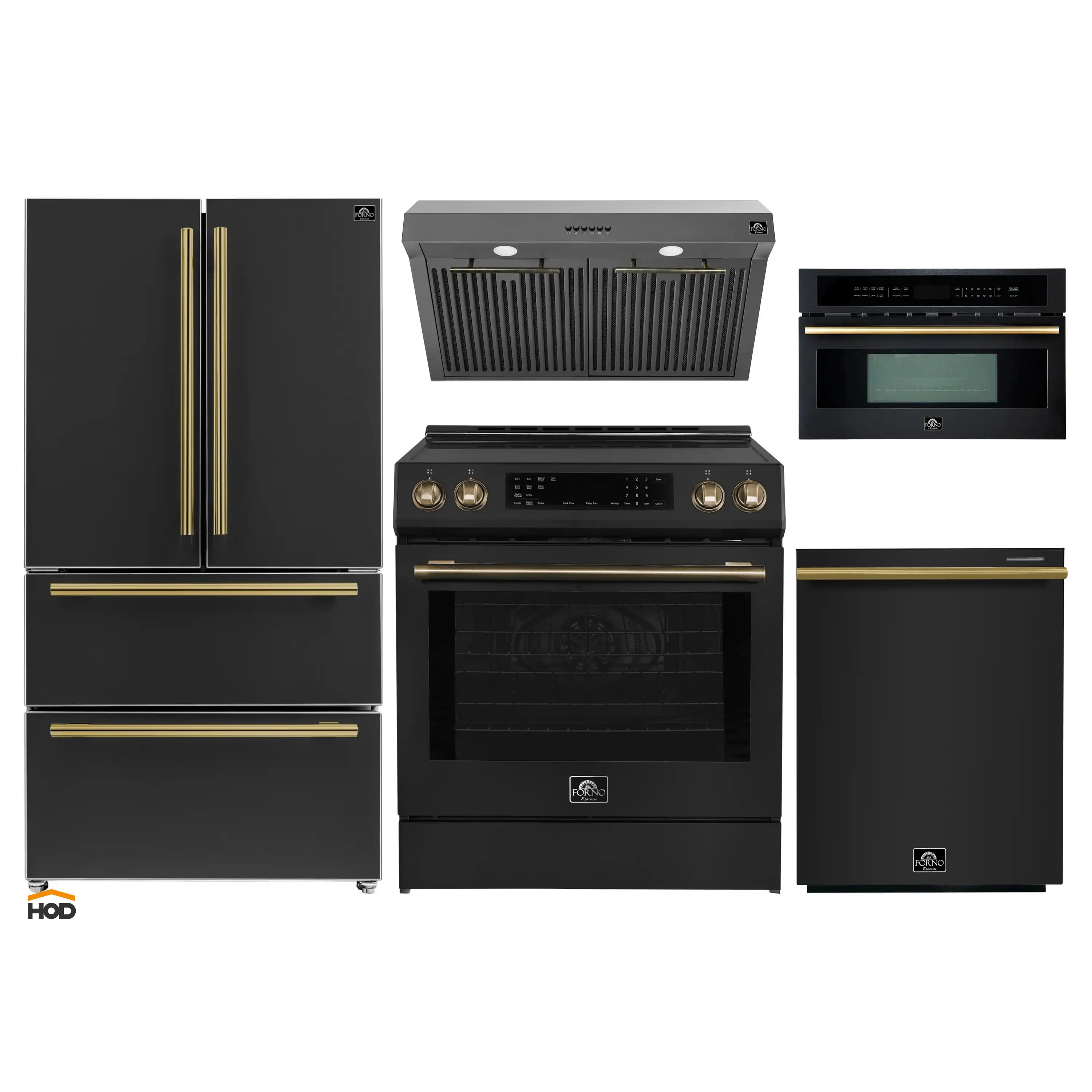 Forno 5-Piece Appliance Package - 30-Inch Induction Range, Under Cabinet Range Hood, Refrigerator, Dishwasher, and 30-Inch Microwave Oven in Black with Antique Brass Trim