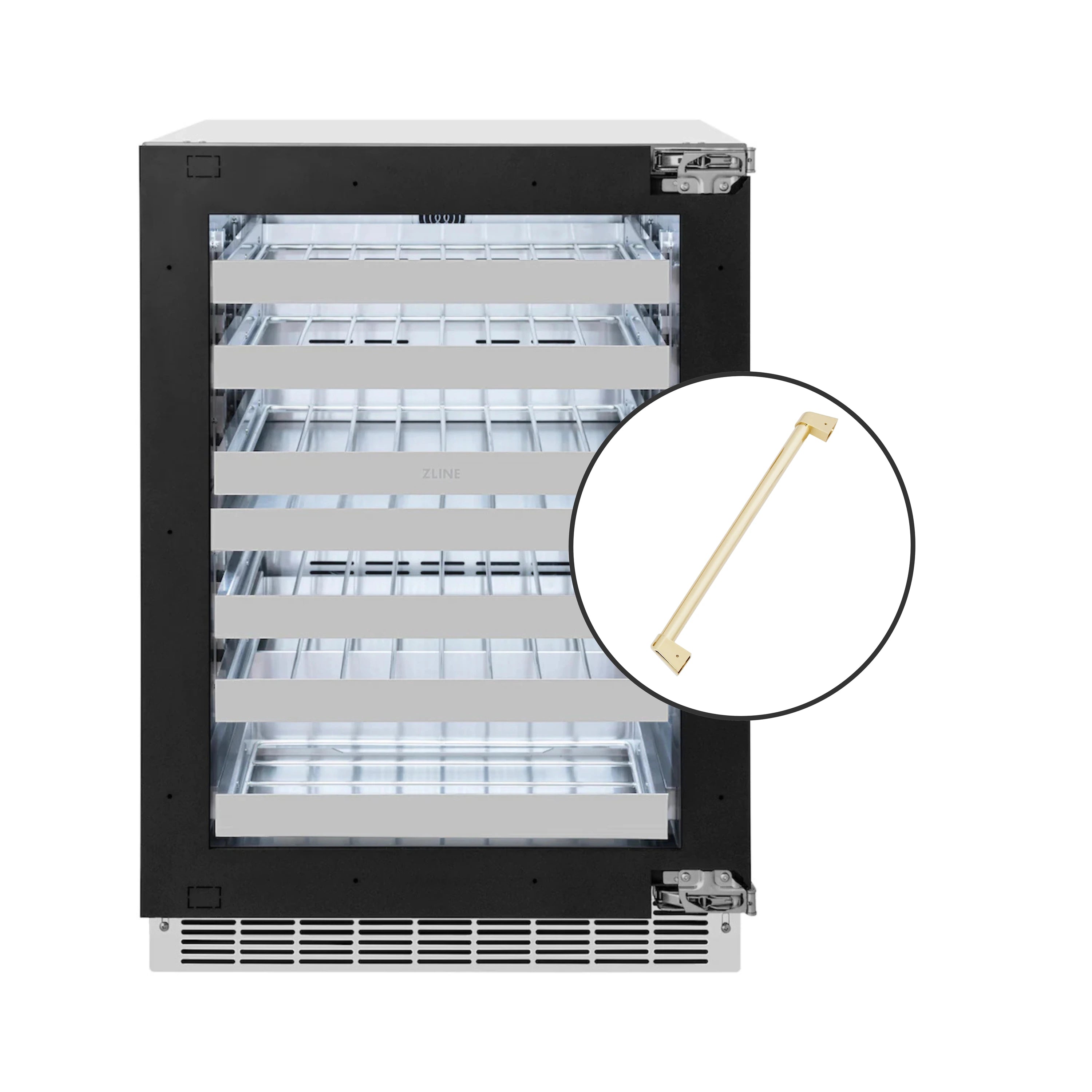 ZLINE Autograph Edition 24 -Inch Touchstone Dual Zone 44 Bottle Indoor/Outdoor Wine Cooler with Panel Ready Glass Door and Polished Gold Handle (RWDPOZ-24-G)