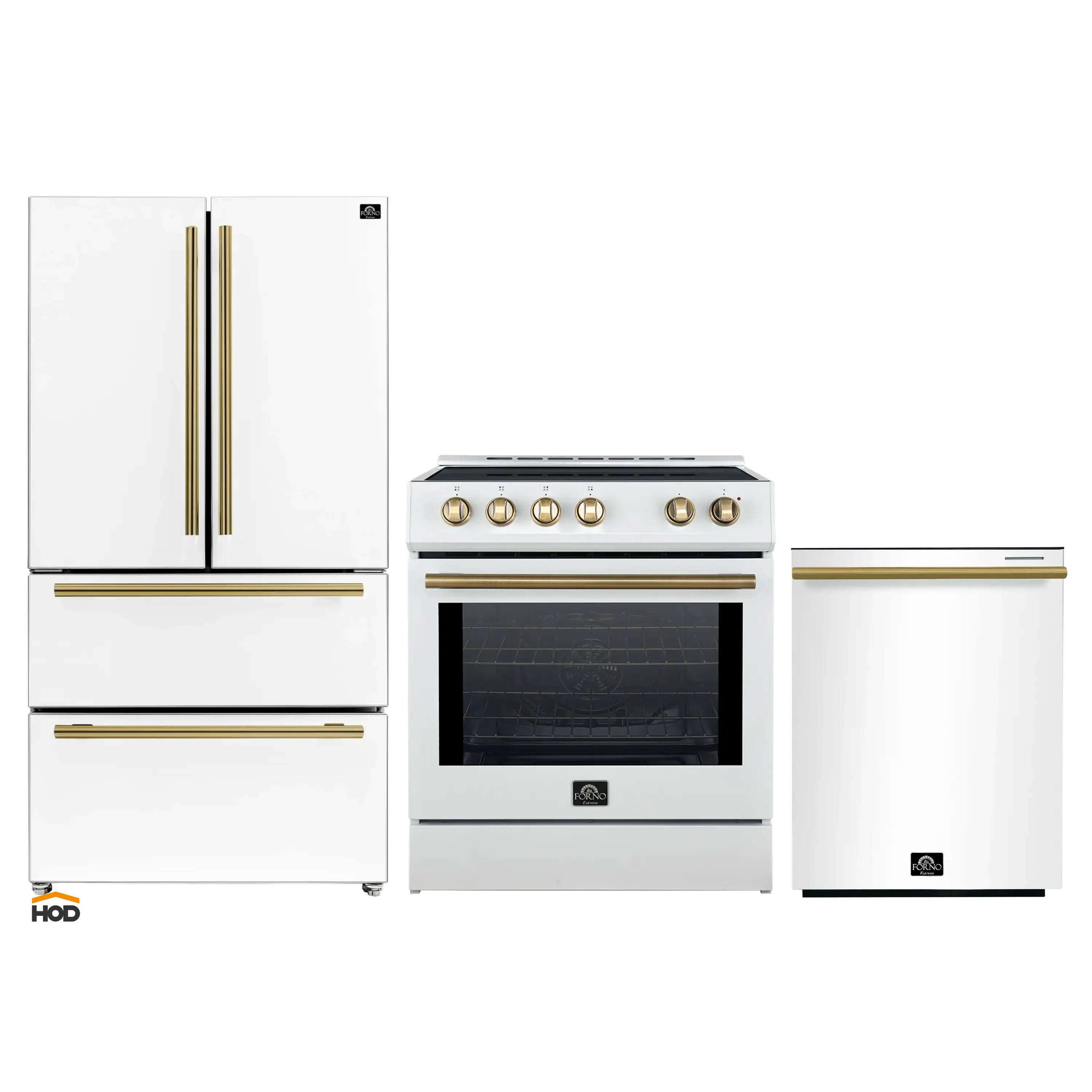 Forno 3-Piece Appliance Package - 30-Inch Induction Range, French Door Refrigerator, and Dishwasher in White with Antique Brass Trim