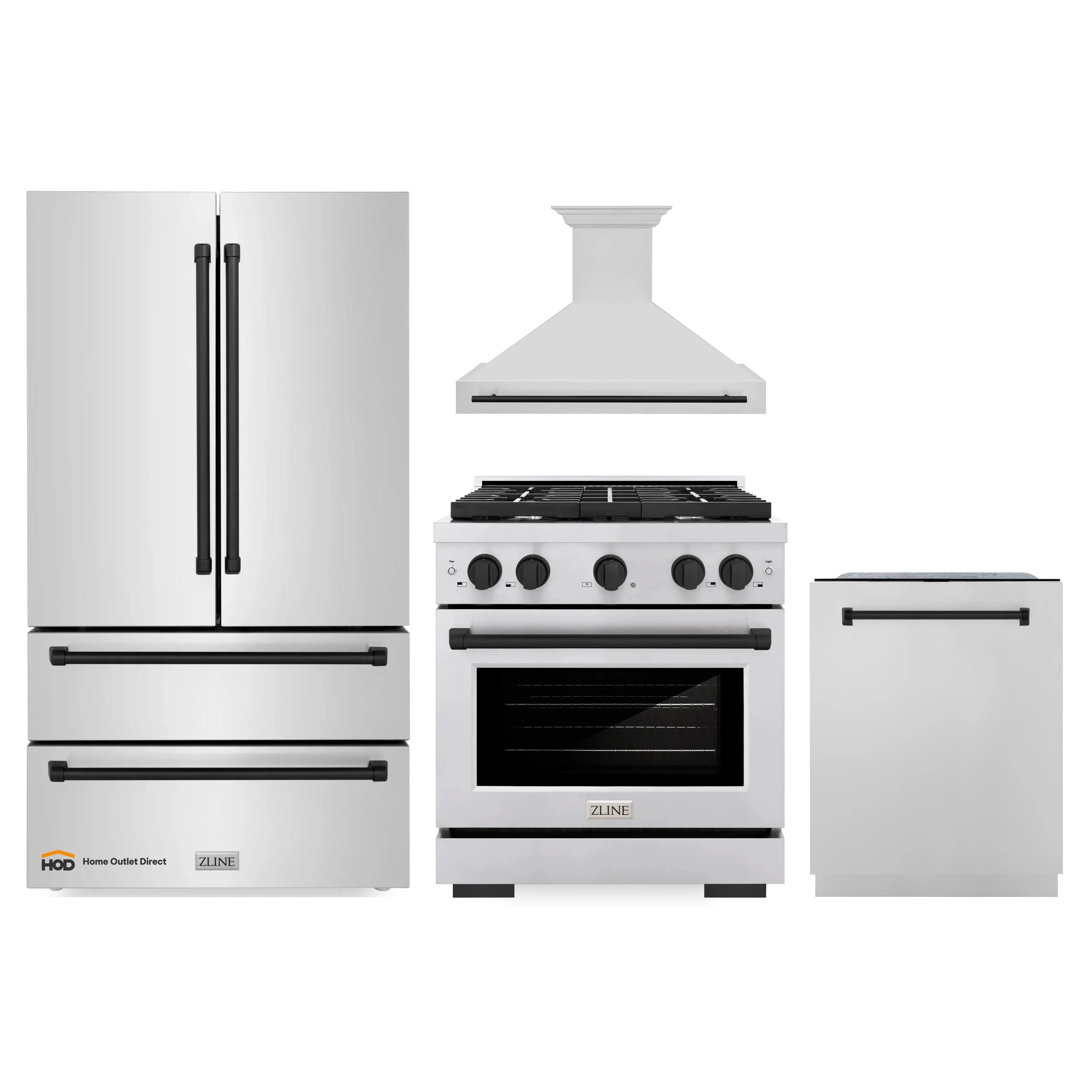 ZLINE Autograph Edition 4-Piece Appliance Package - 30-Inch Gas Range, Refrigerator, Wall Mounted Range Hood, & 24-Inch Tall Tub Dishwasher in Stainless Steel with Matte Black Trim (4KAPR-SGRRHDWM30-MB)
