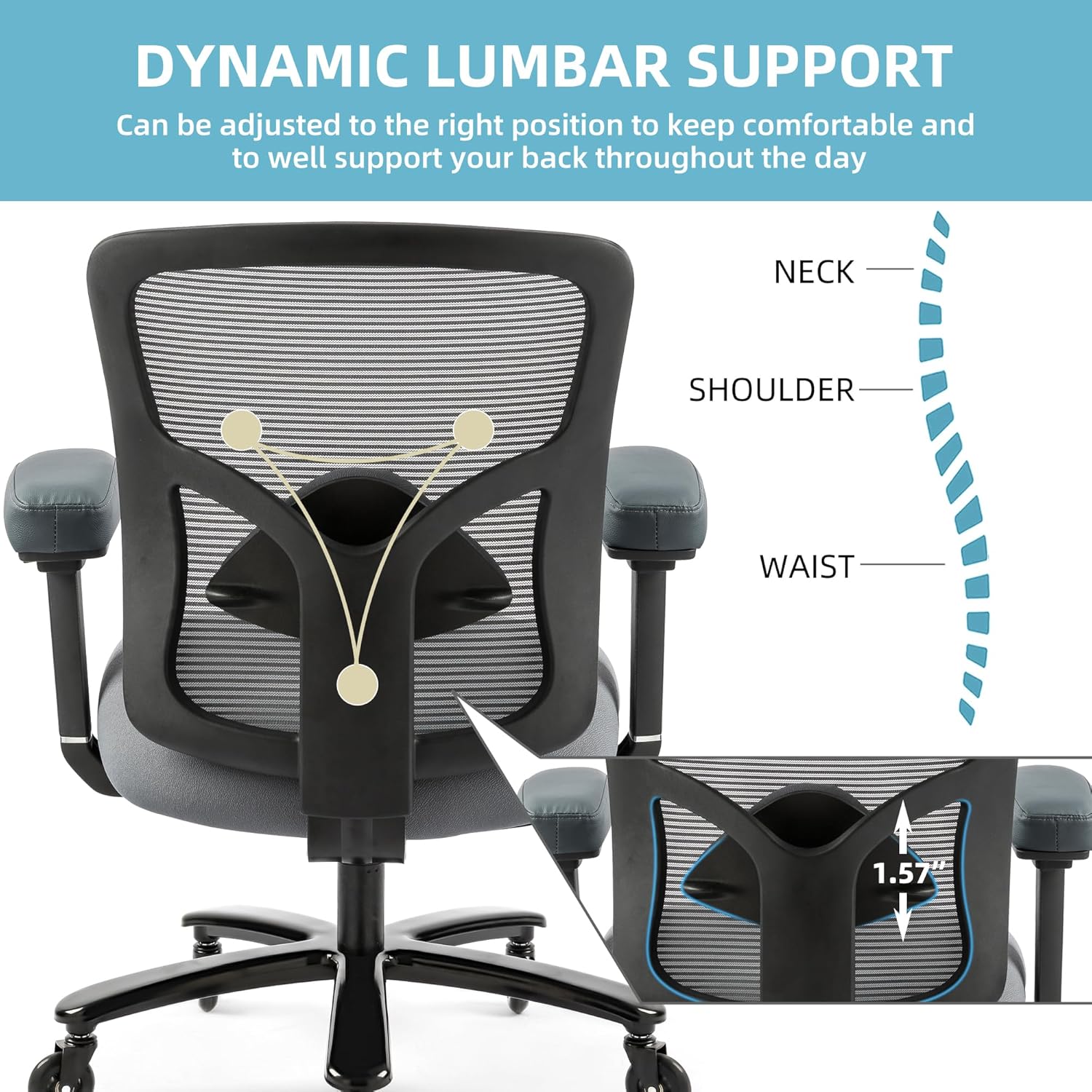 Big and Tall Office Chair 500lbs - Ergonomic Mesh Desk Chair, Heavy Duty Computer Chair-Wide Thick Seat Cushion, Adjustable Lumbar Support, Metal Base, Rubber Wheels, 4D Armrests, Grey