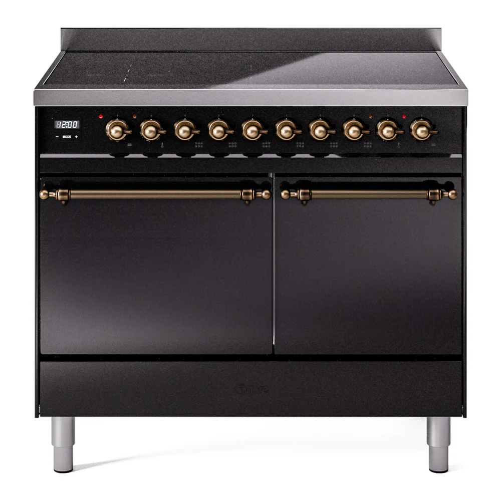 ILVE 40-Inch Nostalgie II Induction Range with Solid Door Oven in Glossy Black with Bronze Trim (UPDI406QNMPBKB)