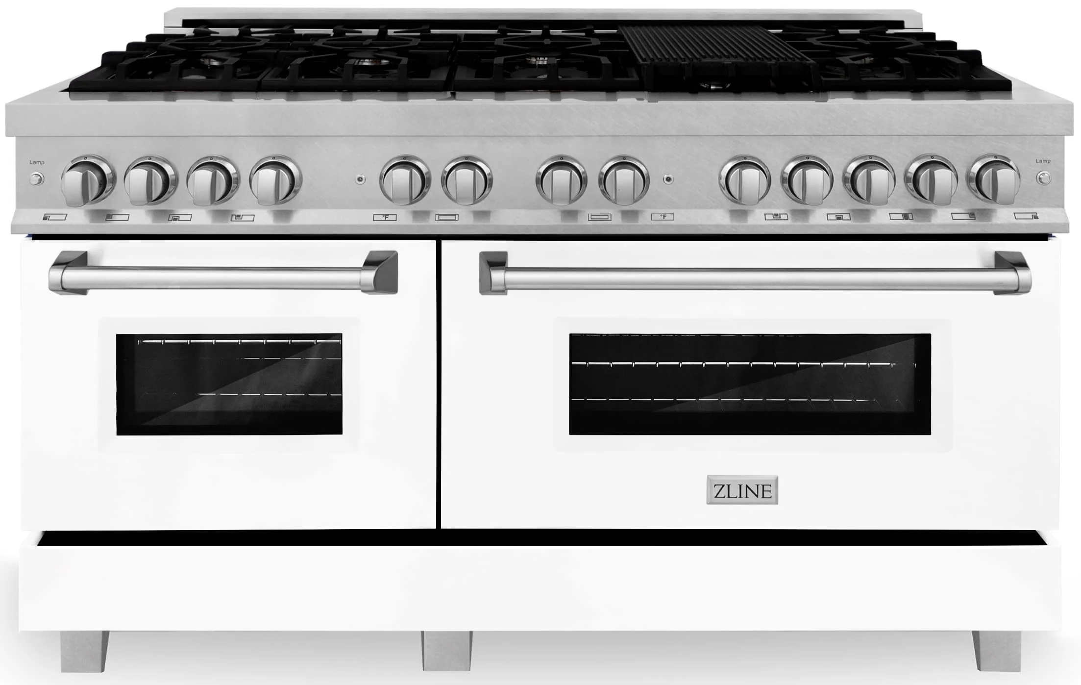 ZLINE 60-inch Legacy Series Dual Fuel Range with 9 Gas Burner Stove and 7.4 Cu. Ft. Electric Oven in Fingerprint Resistant Satin Stainless Steel and White Matte Doors (RAS-WM-60)