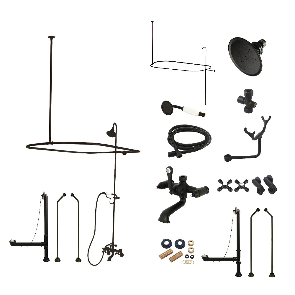 Kingston Brass Vintage Tub Wall Mount Clawfoot Tub Faucet Package with Shower Enclosure and Hand Shower, Matte Black (CCK1180AX)