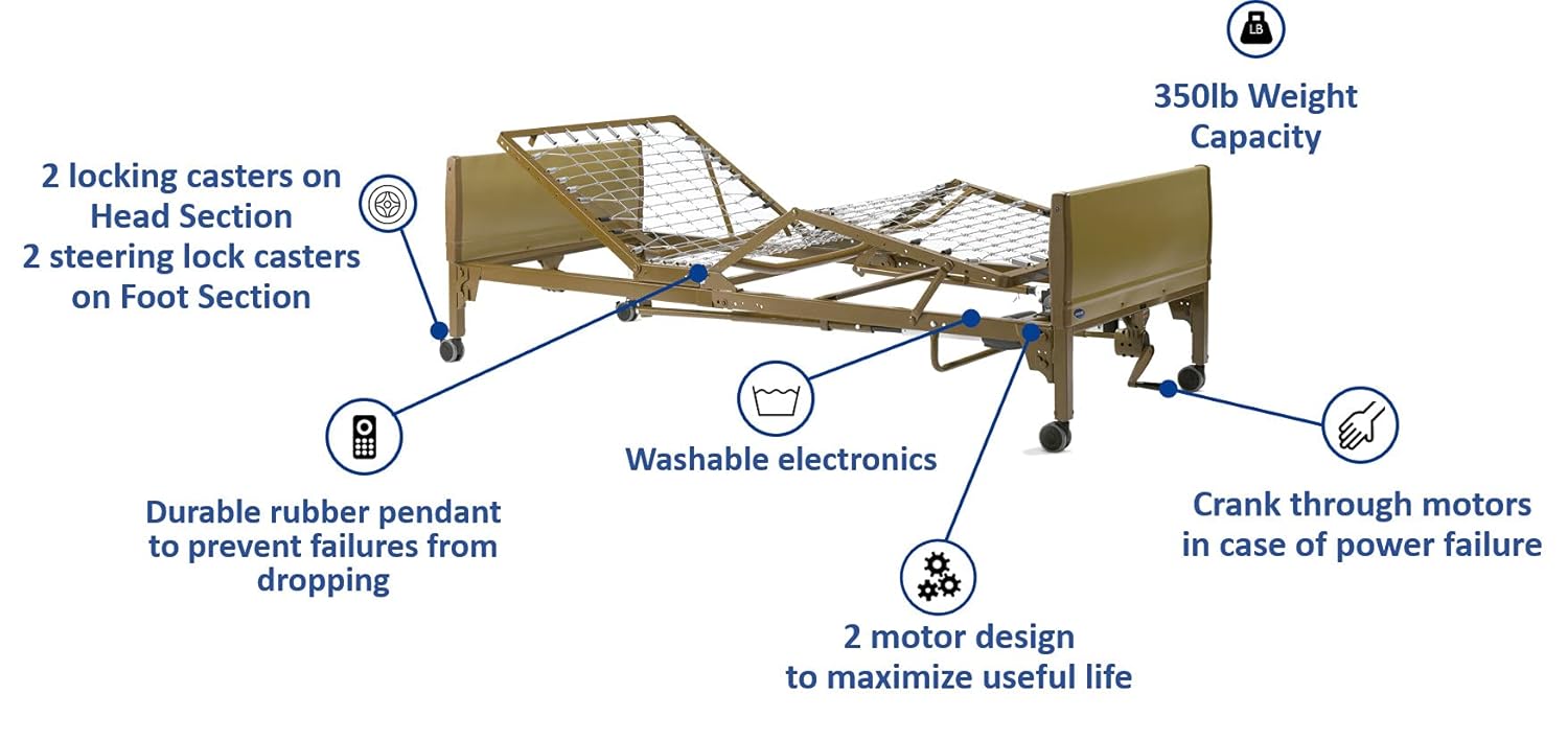Invacare 5310IVC, 6629, 5185 Semi Electric Homecare Bed, Semi Electric Bed, 5310 IVC with Innerspring Mattress, 5185 and Full Length Rails, 6629
