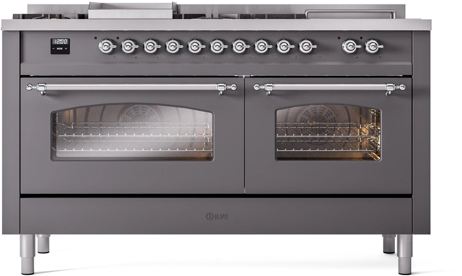 ILVE Nostalgie II 60-Inch Dual Fuel Range with 7 Burners, Griddle, & French Top with Triple Glass Door Oven in Matte Graphite with Chrome Trim (UP60FSNMPMGC)