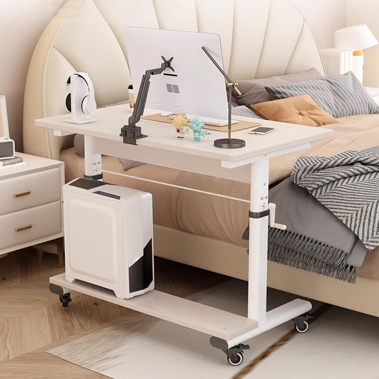 Overbed Table, Mobile Standing Desk with Wheels, Adjustable Height Bedside Laptop Table Hospital Nursing Reading Eating Table