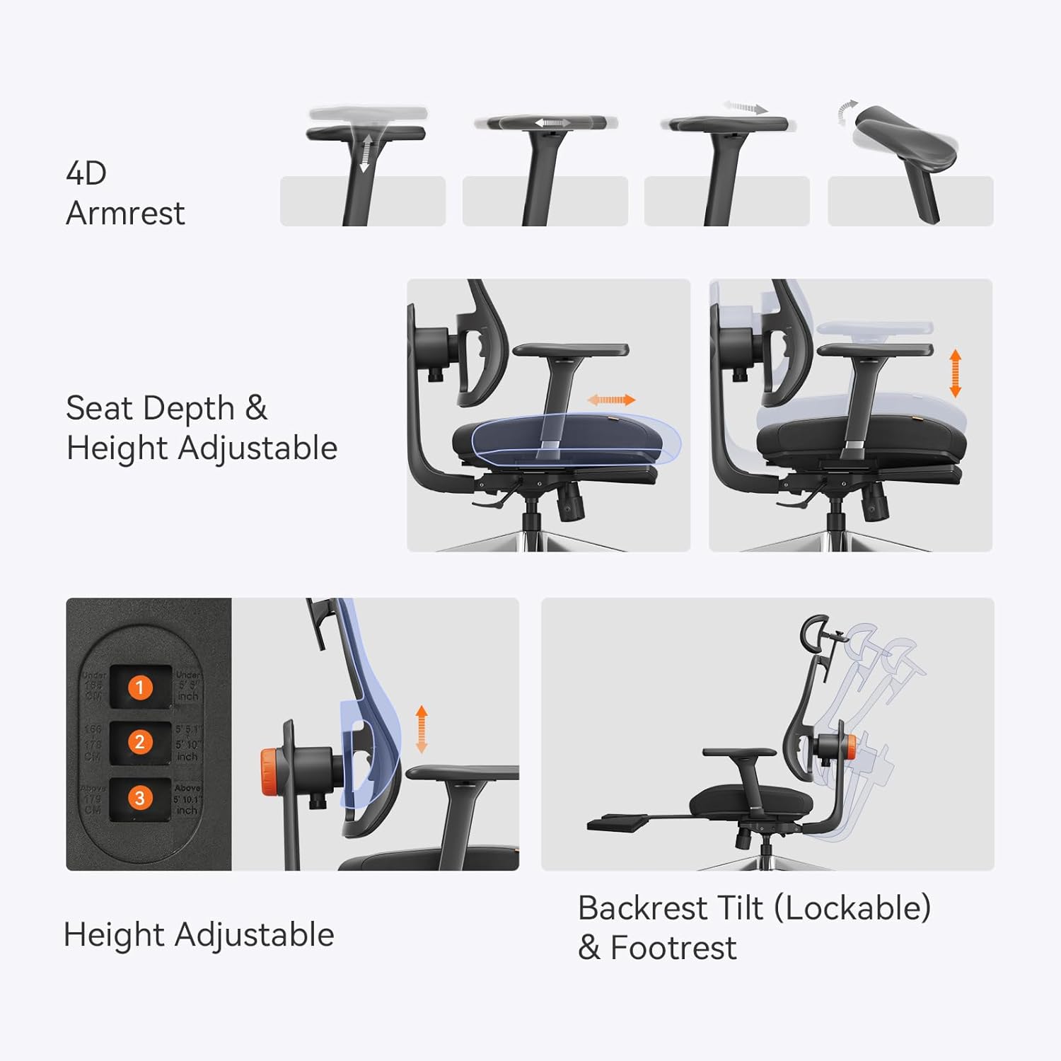 Newtral Ergonomic Office Chair - Home Office Desk Chair with Adaptive Lumbar Support, with Footrest, 4D Armrest, Adjustable Seat Depth & Height