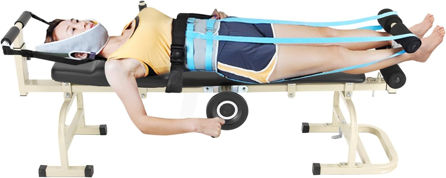 OUKANING Massage Traction Bed Therapy Massage Bed Table Cervical Spine Lumbar Traction Bed Body Stretching Device Folding Back Stretch Bench for Lumbar Spine Cervical