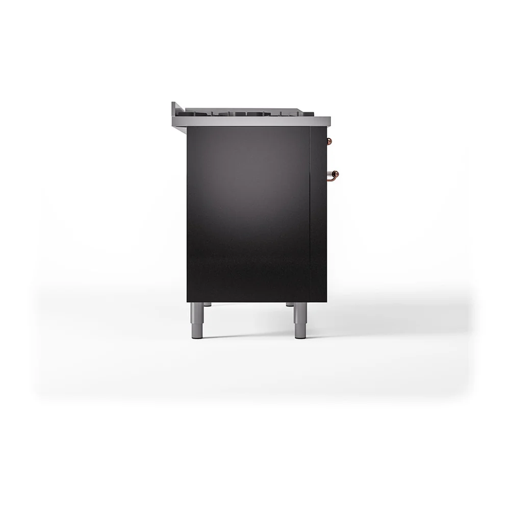 ILVE Nostalgie II 48-Inch Dual Fuel Range with 5 Burners, Griddle, & French Top, with Solid Door Oven in Glossy Black with Copper Trim (UP48FSQNMPBKP)