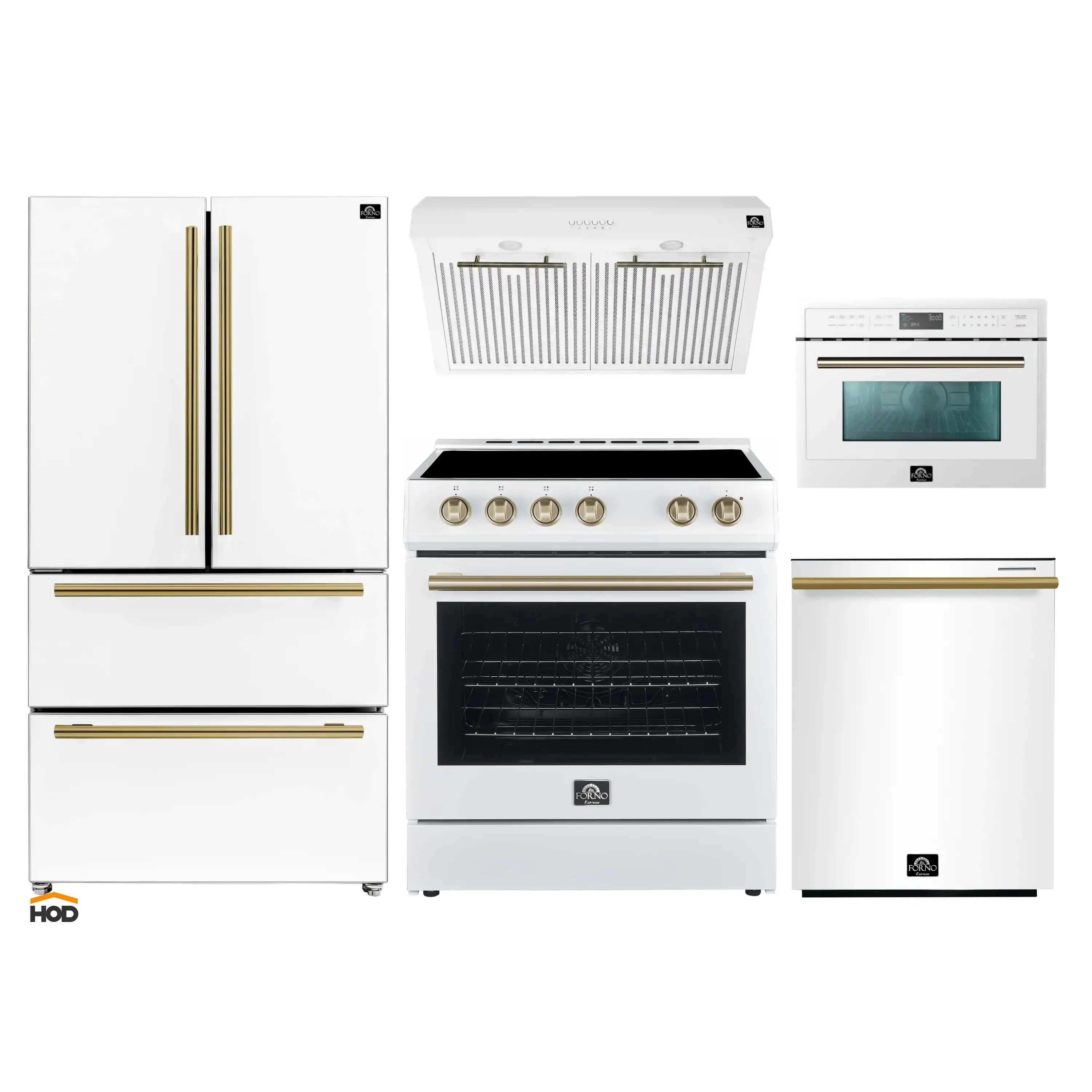 Forno 5-Piece Appliance Package - 30-Inch Electric Range, Under Cabinet Range Hood, Refrigerator, Dishwasher, and 24-Inch Microwave Oven in White with Antique Brass Trim