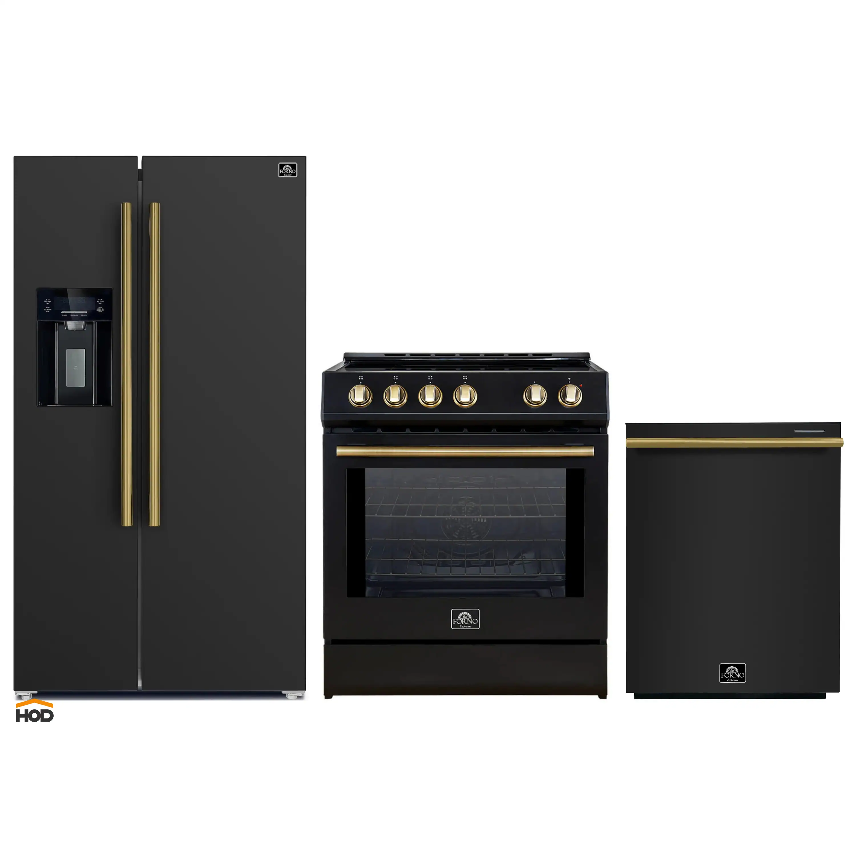 Forno 3-Piece Appliance Package - 30-Inch Induction Range, Refrigerator with Water Dispenser, and Dishwasher in Black with Antique Brass Trim