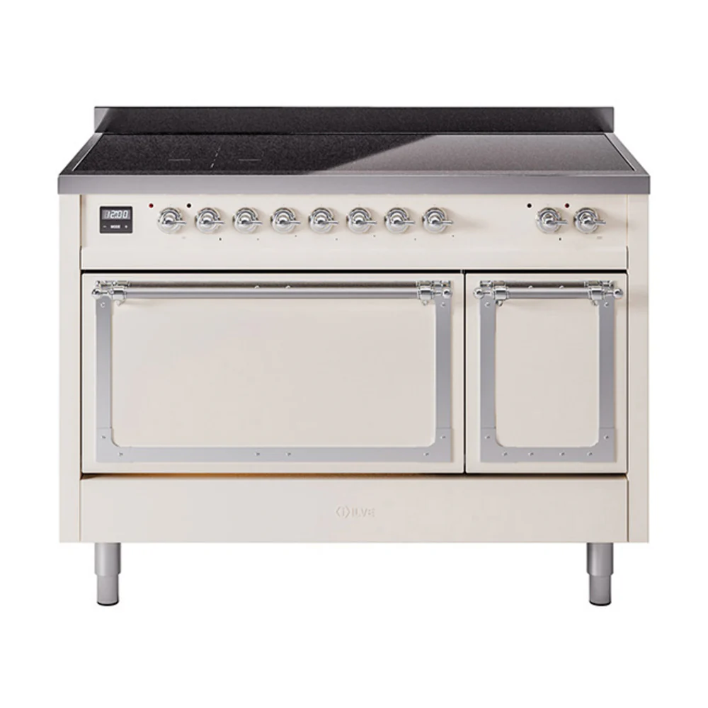 ILVE Nostalgie II Noblesse 48-Inch Induction Range with Solid Door Oven in Antique White with Chrome Trim (UNI486QNMPAWC)