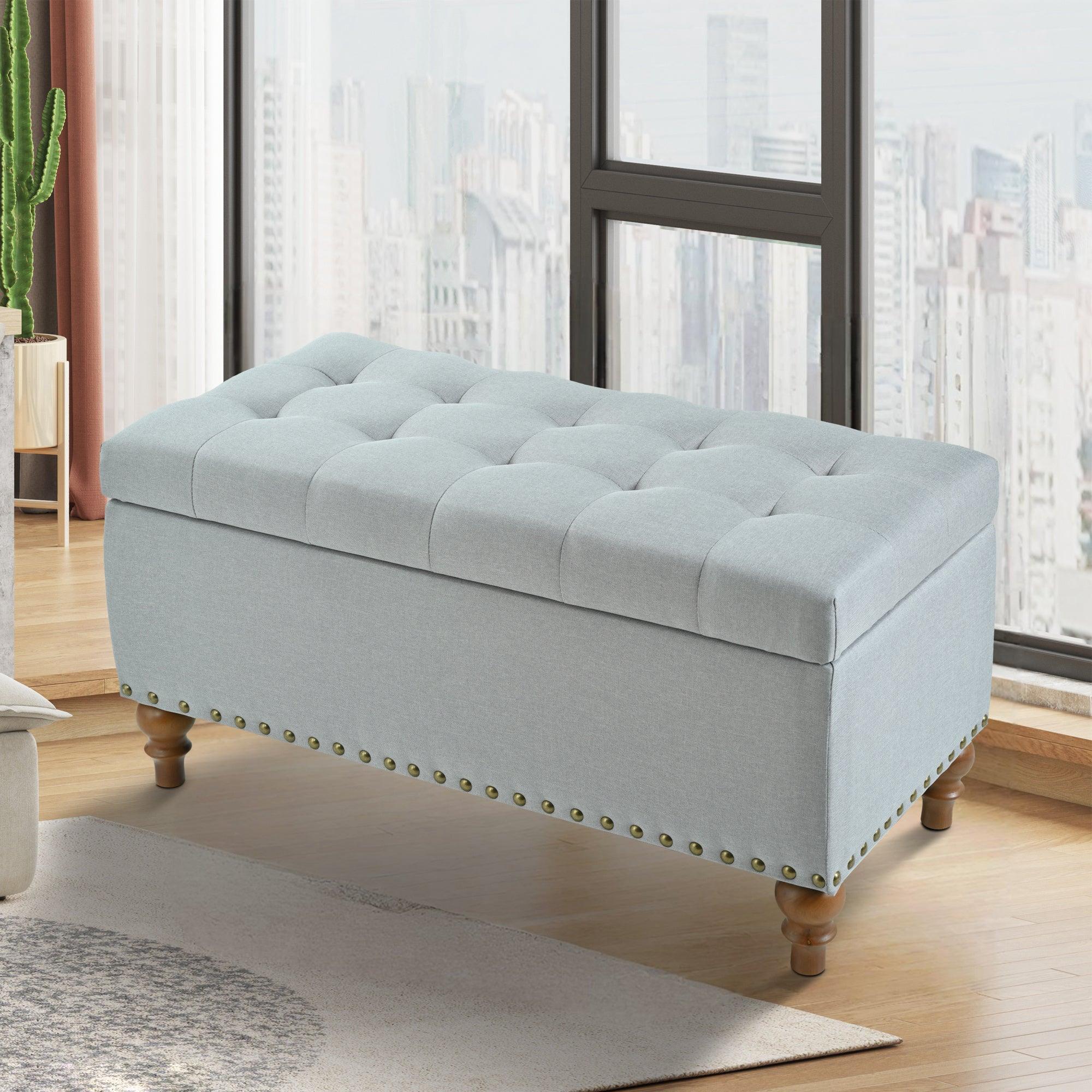 Parrot Uncle 36-Inch Ottoman Storage Bench with Recessed Support Hinge Top for Easy Opening,  Rivet Trim Around, Linen