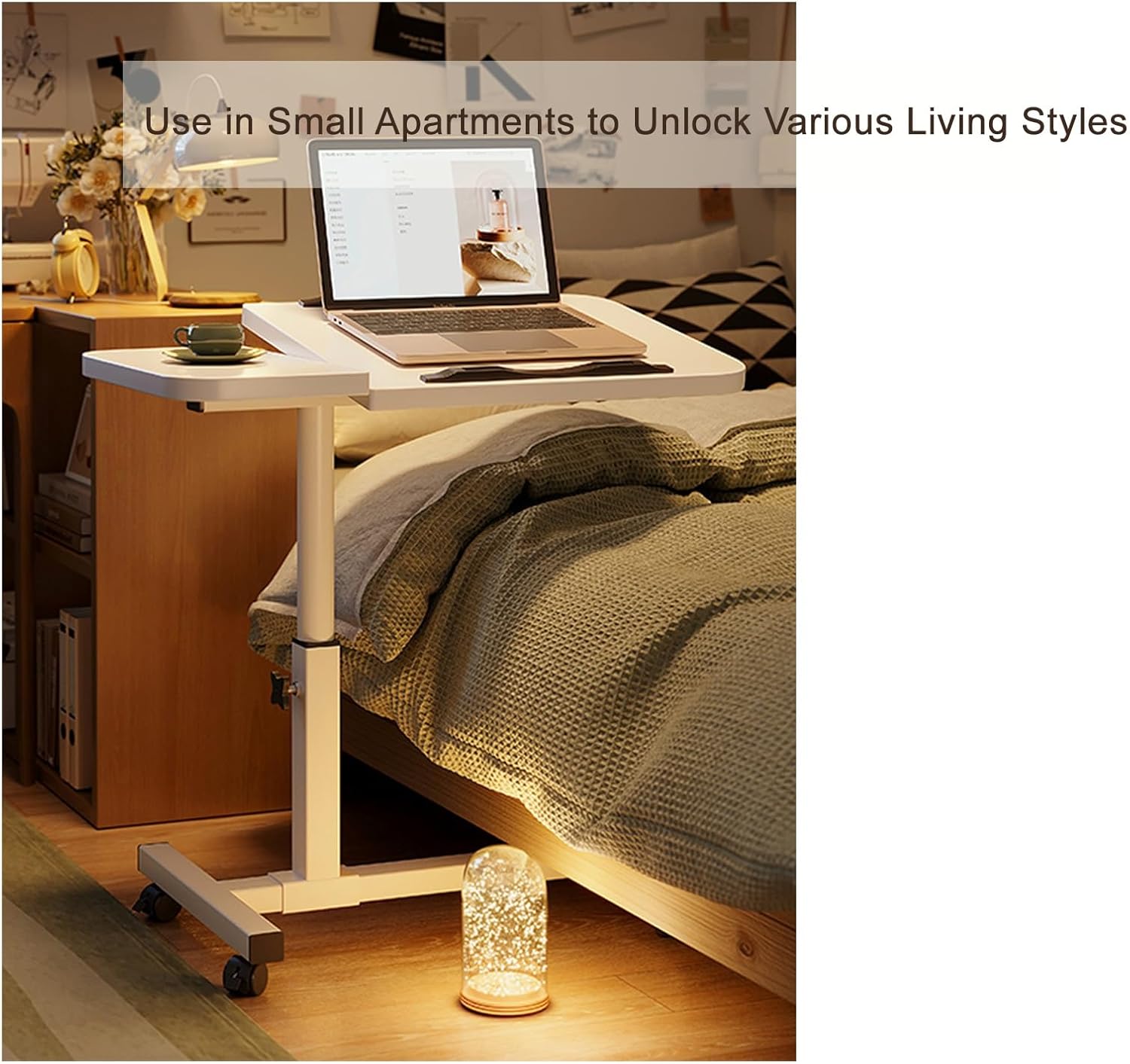 Portable Rolling Desk, Mobile Small Standing Desk, Overbed Table with Wheels Adjustable Height with Dual Card Slots, Rolling Laptop Stand, Computer Cart(White)