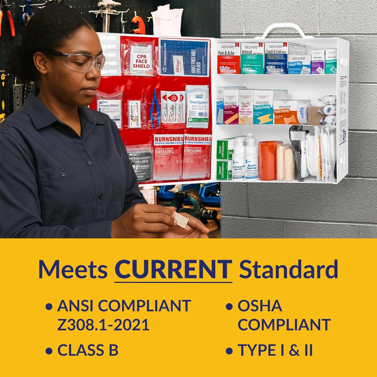 MFASCO 2021 ANSI/OSHA Compliant First Aid Kit - Large, Wall Mountable - with Medications - ANSI Standard 2021 First Aid Kits, Class B Fill, Commercial 3-Shelf Metal Cabinet for Businesses