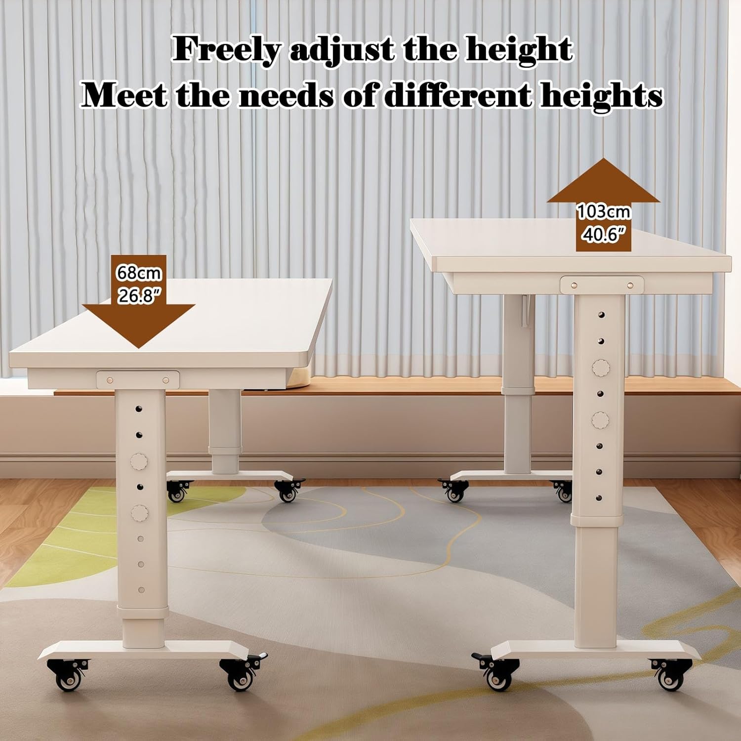 Over Bed Table with Wheels & Adjustable Height - Heavy Duty Metal Legs & Solid Wood Top Standing Laptop Cart, Rolling Overbed Desk for Hospital & Home Use(with Baffle-D,100cm/39.4in)